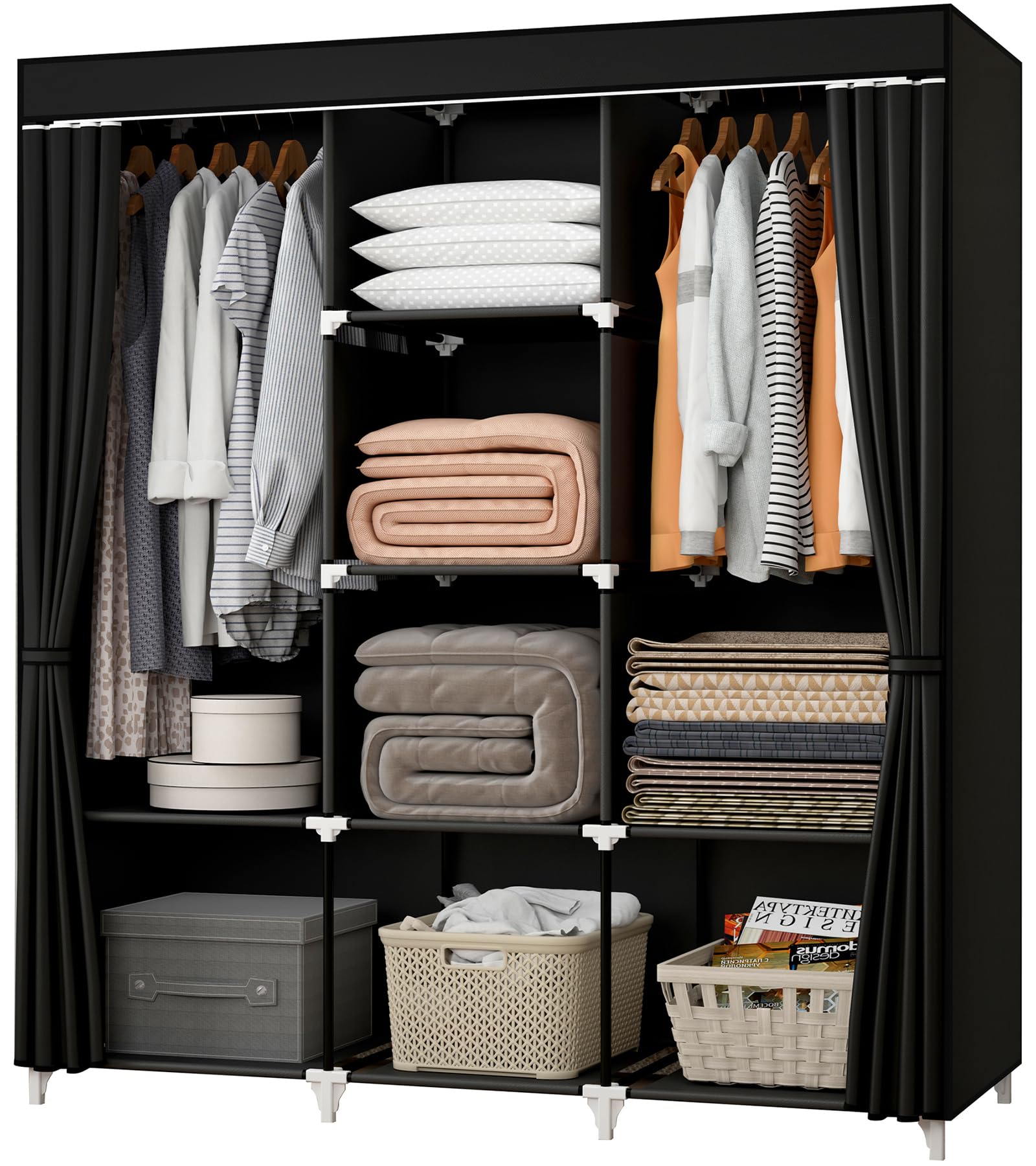 Portable Closet Organizer - 51 Inch Wardrobe with 2 Hanging Rods & 8 Storage Shelves for Bedroom - Durable Easy Assembly Clothes Rack for Small Spaces, Apartments, Dorms - Black (Ideal for Seasonal Storage & Guest Room Organization)
