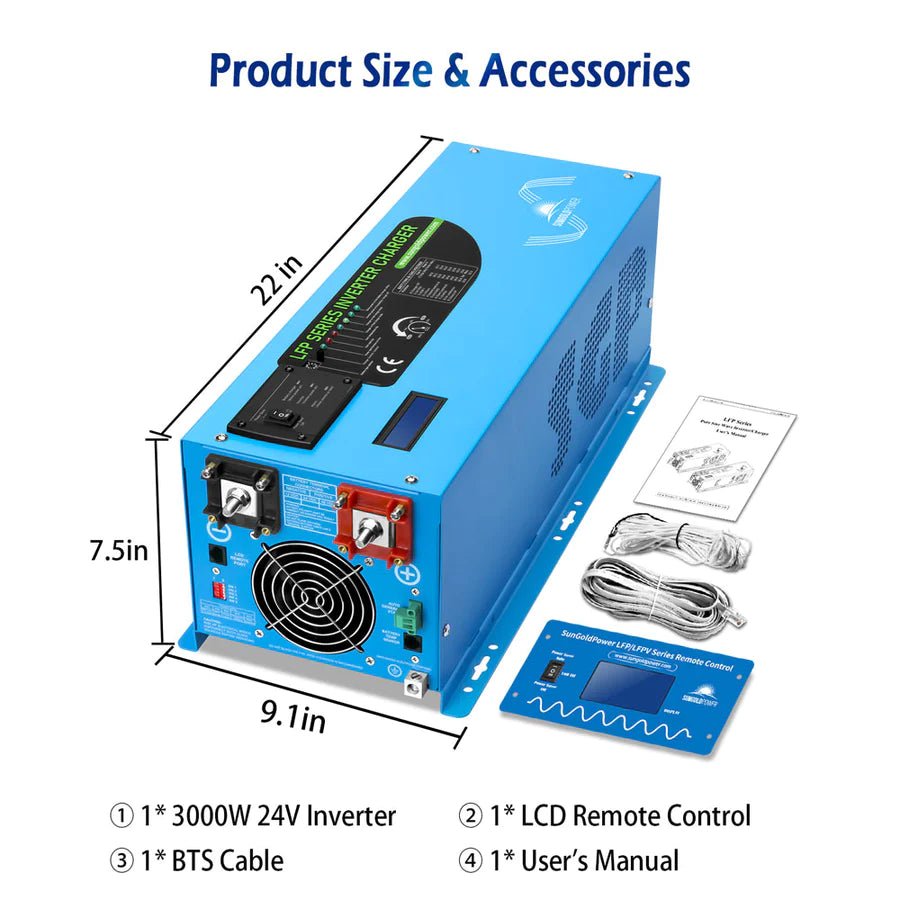 SunGoldPower 3000W 24V Pure Sine Wave Power Inverter with Built-in Charger - Perfect for RVs, Solar Systems, and Off-Grid Power Solutions