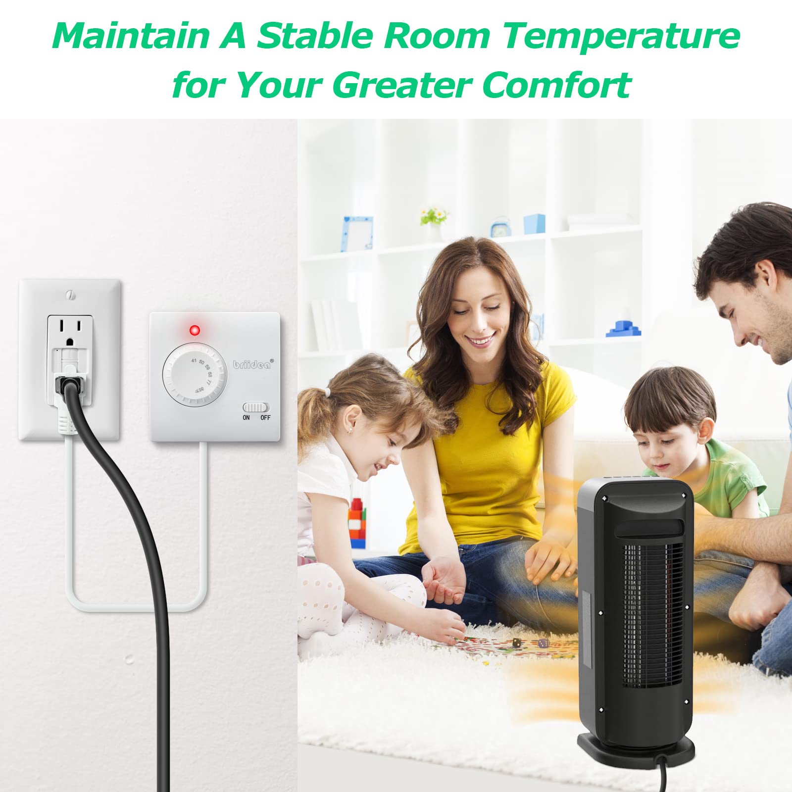 Briidea Adjustable Plug-in Thermostat for Heating & Cooling - Digital LED Display, Compatible with Space Heaters, AC Units, Fans - Perfect for Home, Reptile Tanks & Greenhouses (Energy Saving Temperature Control)