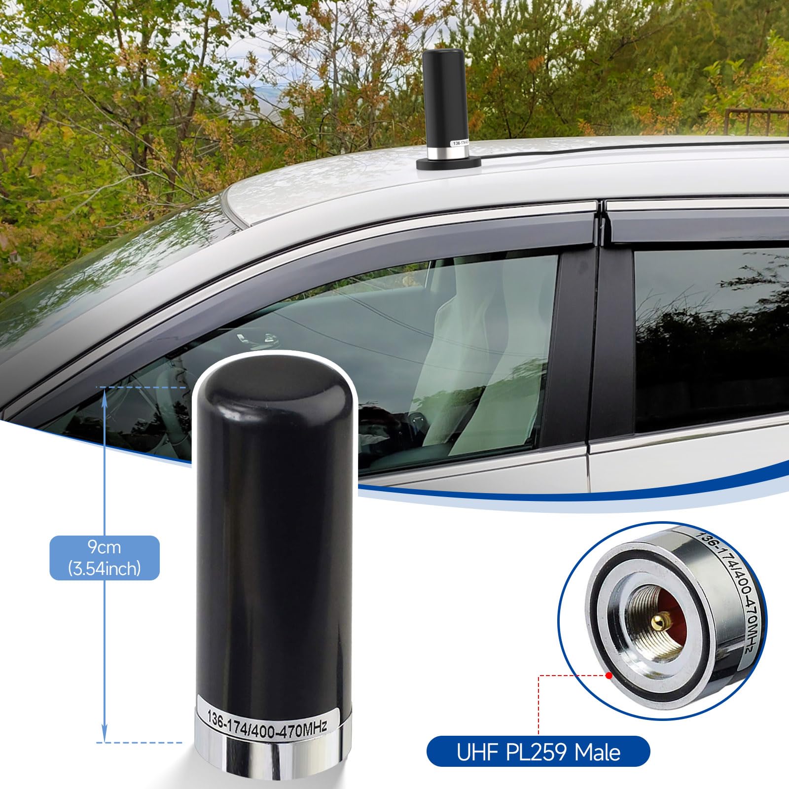 Bingfu Dual Band VHF UHF Mobile Antenna 136-174MHz 400-470MHz - Low Profile PL259 Male Connector for Car Truck Marine - Perfect for Ham Radio, Two Way Radio & Emergency Communication