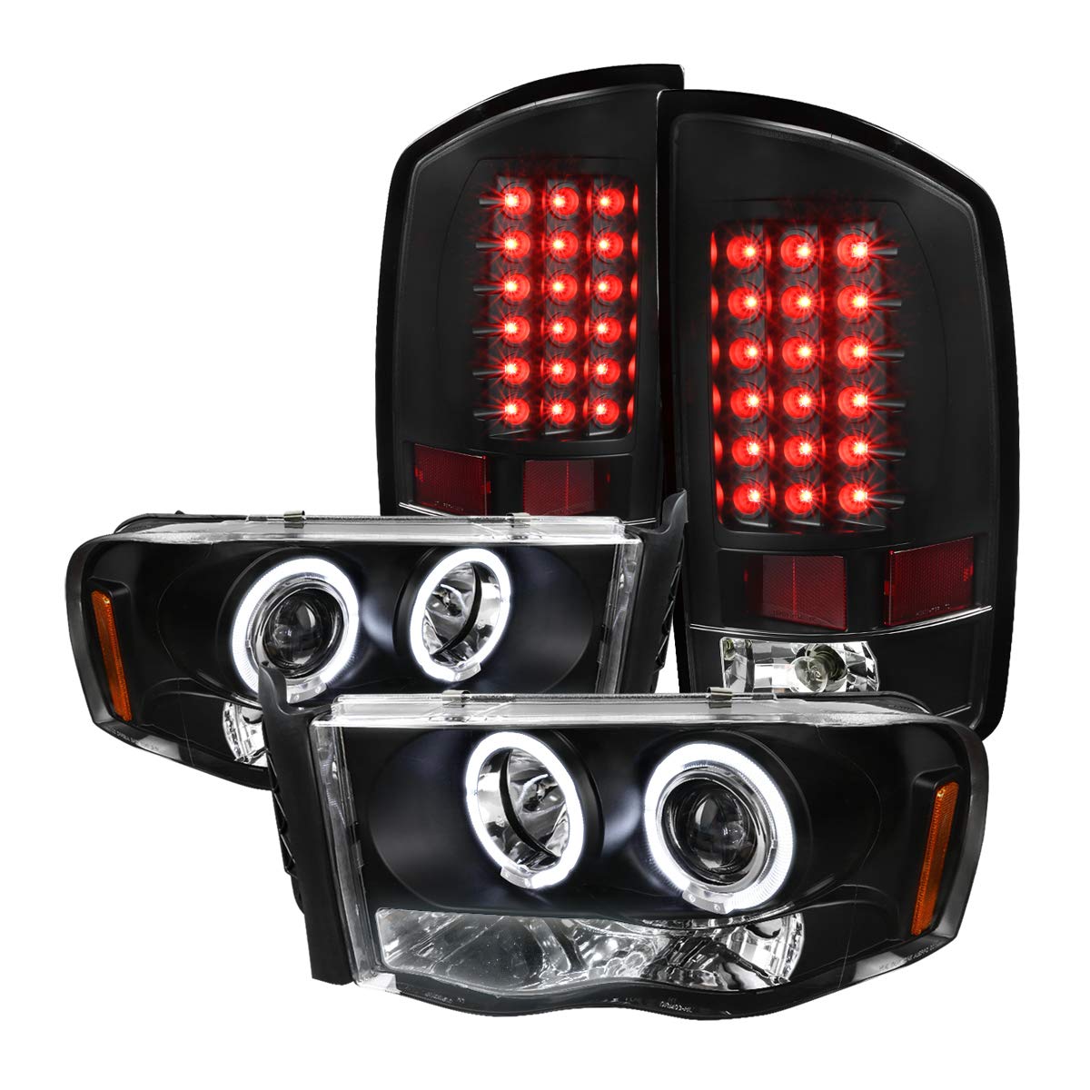 AUTOZENSATION 2002-2005 Dodge Ram Headlights & Tail Lights Kit - Black Halo LED Projector Headlamps Assembly Pair + LED Tail Lights - Perfect for Off-Roading, Night Driving & Truck Customization