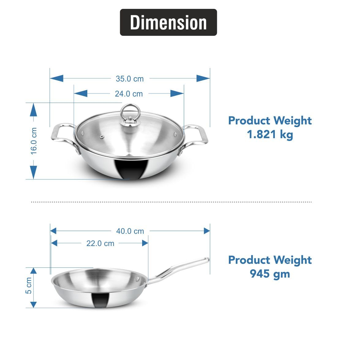 Premium Orange Triply Stainless Steel Cookware Set - 3-Piece Induction Compatible Combo (24cm Deep Kadai, 22cm Fry Pan with Tempered Glass Lid) | Durable & Even Heating | Perfect for Indian Cooking, Stir-Frying & Family Meals