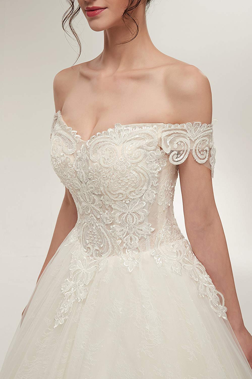 FCOMES Women's Luxury Sleeveless Lace Appliques Off Shoulder Wedding Dress - A-Line Ball Gown Bridal Gown in White for Bride, Prom, Evening Gala & Special Occasions