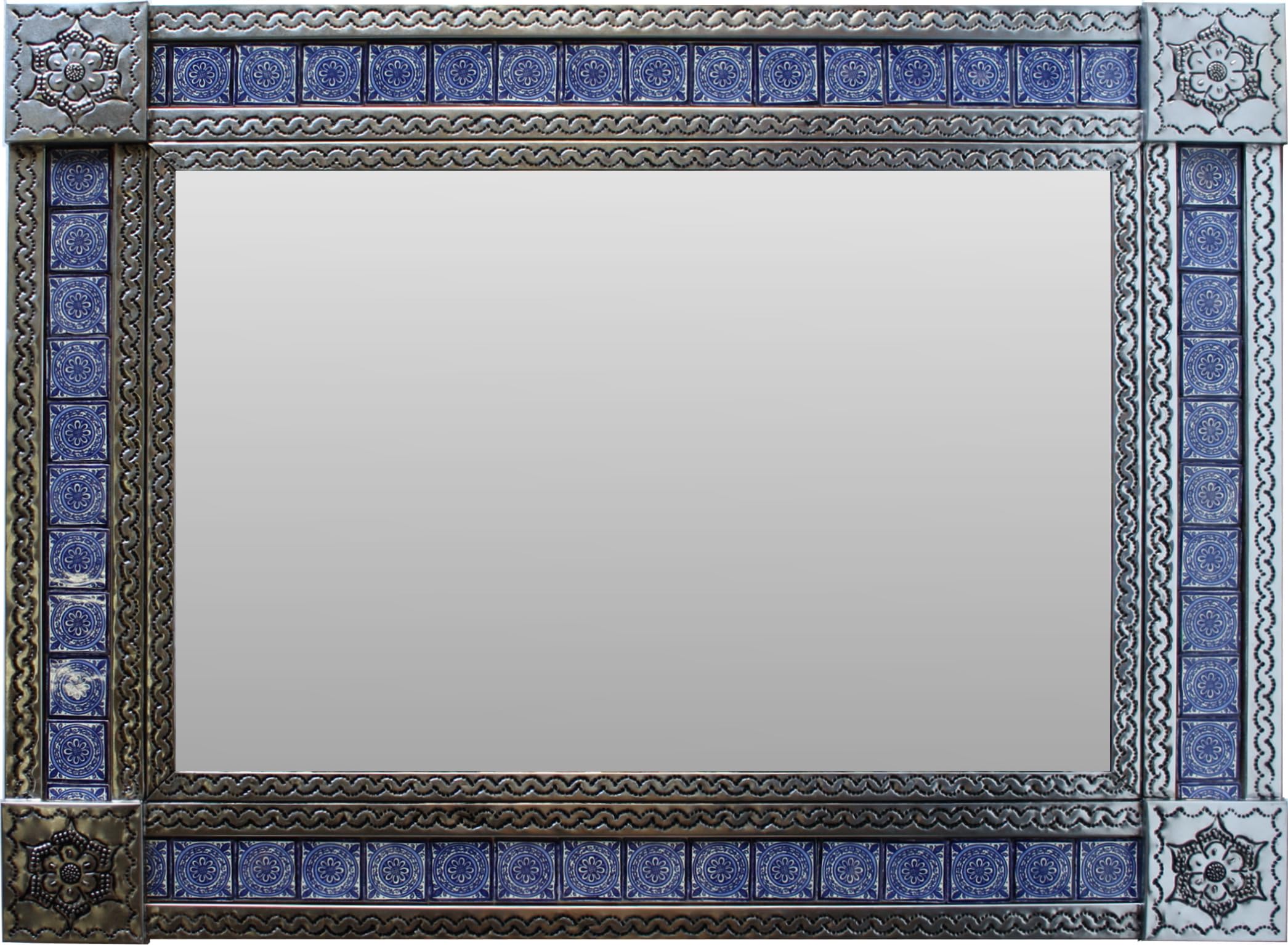 Vintage Large Silver Mexican Mirror with Target Tile Design - Handcrafted Wall Decor for Living Room, Bedroom, or Entryway