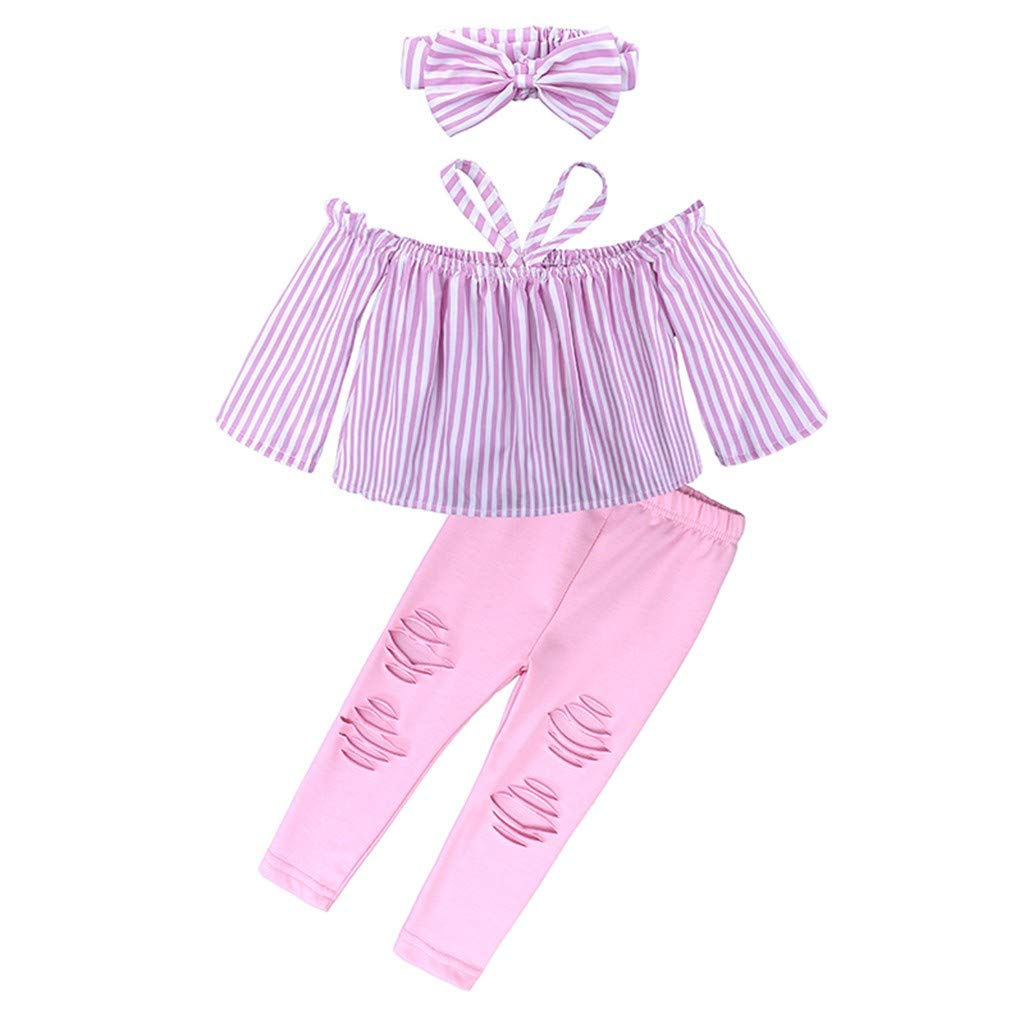 Vintage Girls Outfit Set - Off Shoulder Striped Top, Ripped Jeans & Headband | Cute Casual Summer Outfits for Toddler Girls | Birthday Party, Photo Shoot, Playdate