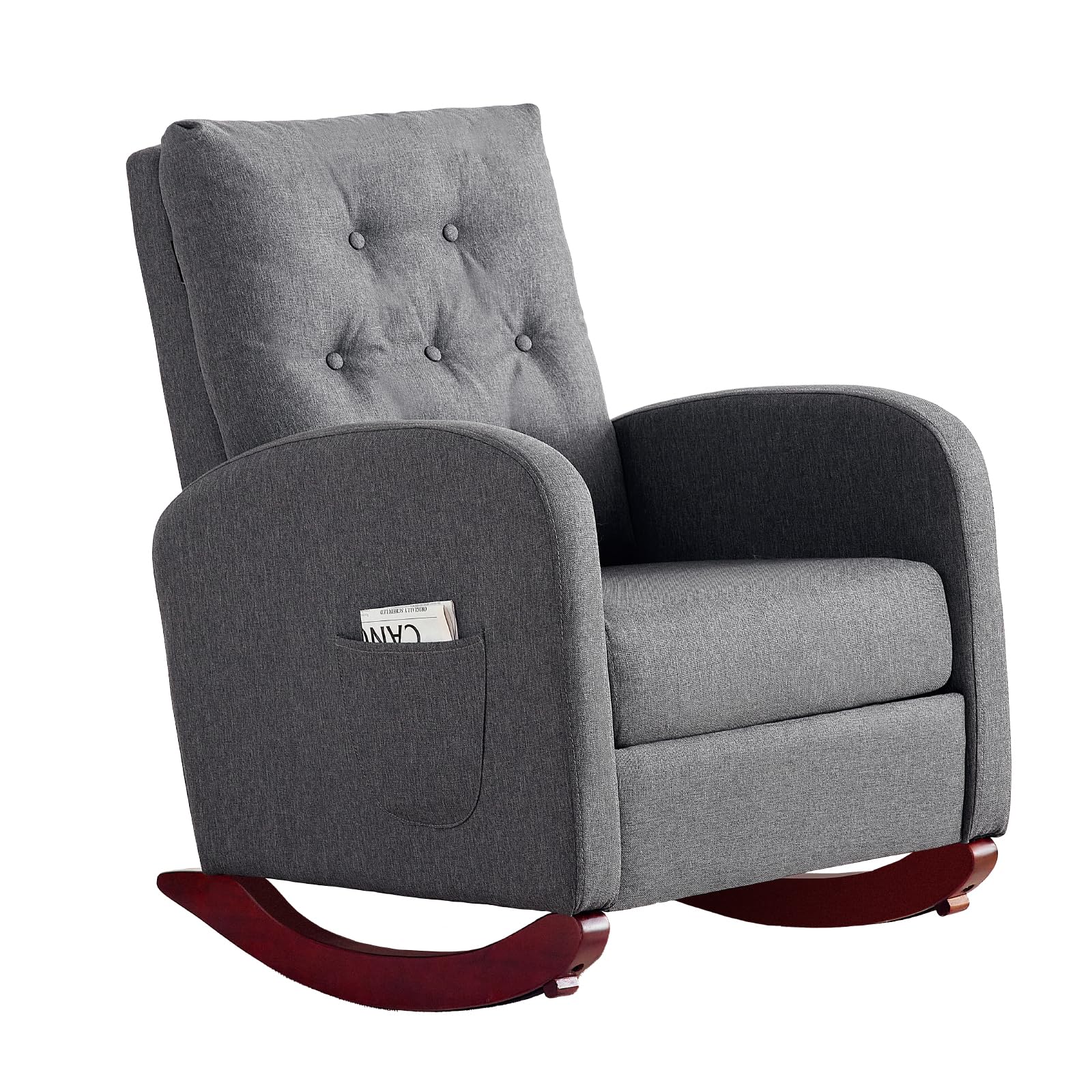 Redlife Rocking Chair Nursery - High Back Linen Upholstered Rocking Chair with Side Pocket for Living Room, Bedroom & Nursery - Comfortable Indoor Rocking Chair (Grey) - Perfect for Nursing, Reading & Relaxing