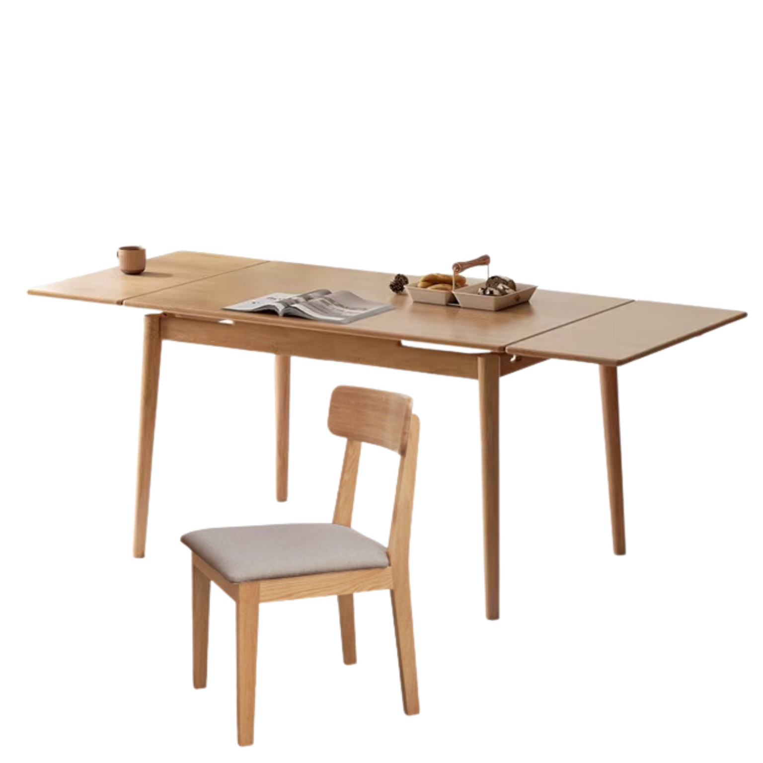 49.2-76.8x31.5x29.9 inch / 125-195x80x76 сm / Natural Wood Color / Telescopic dining table + four chairs