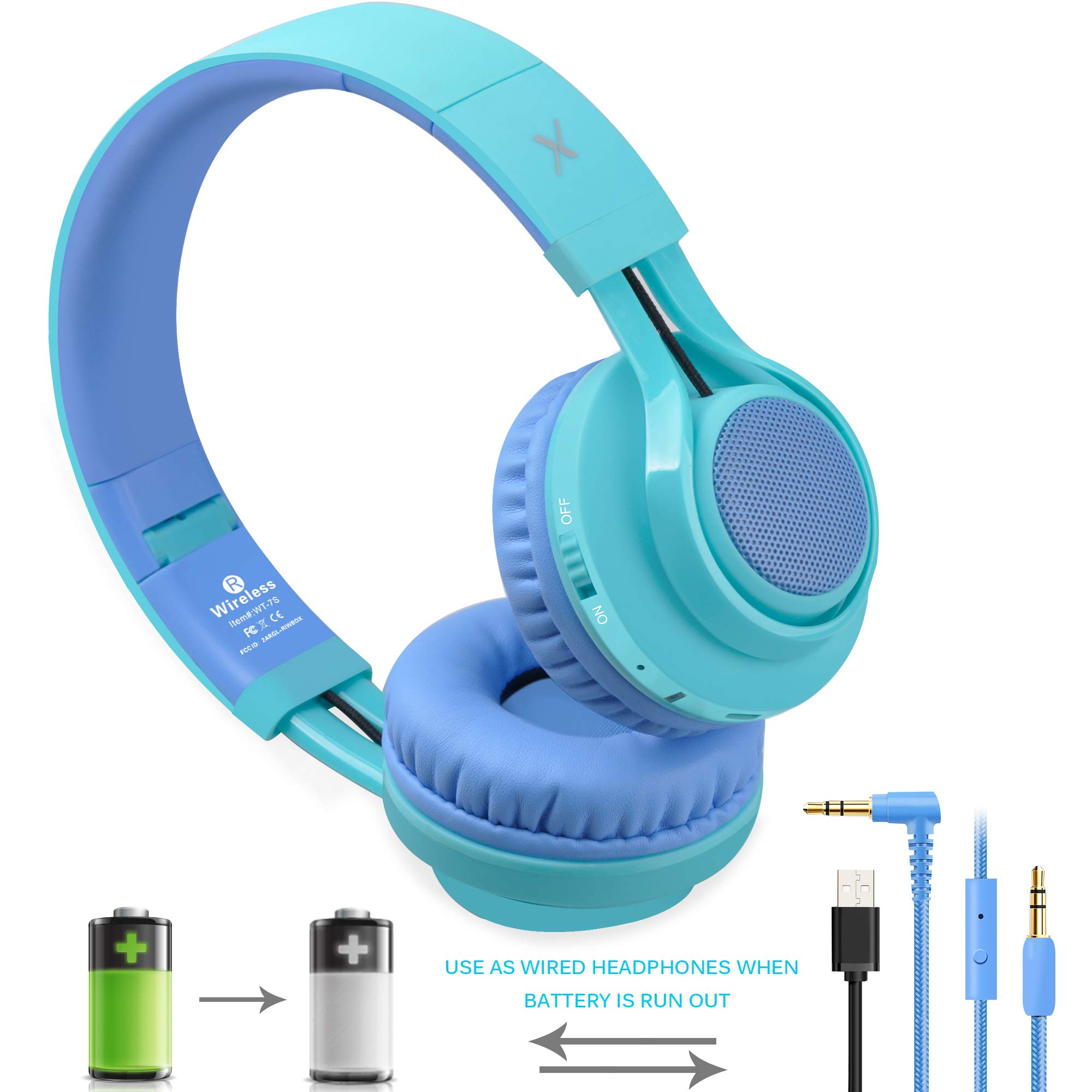 Riwbox WT-7S Kids Bluetooth Headphones with LED Lights - Wireless Foldable Stereo Headset with Built-in Mic & Volume Control - Compatible with PC, Tablet, TV - Perfect for School, Travel & Home Use (Blue)