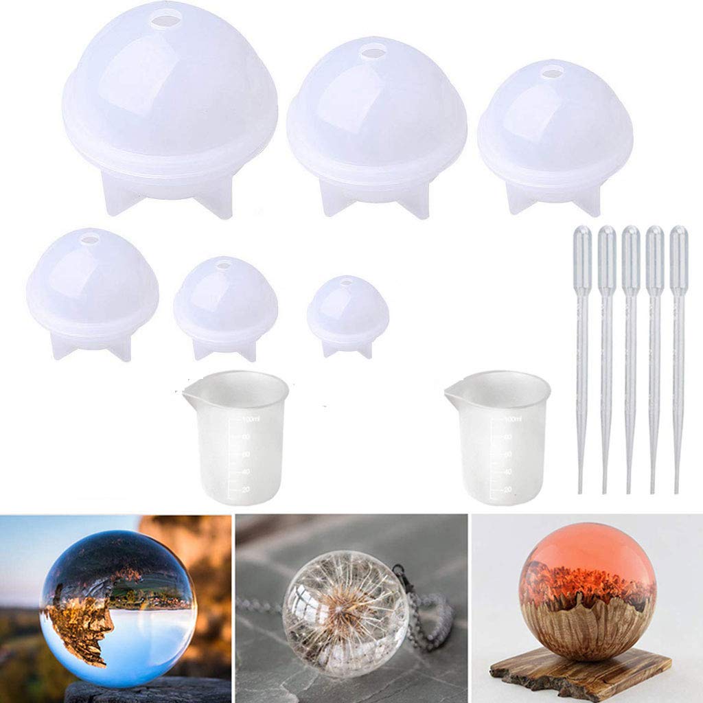Fengchensety 1 Set Sphere Silicone Resin Molds - Round Epoxy Resin Ball Molds for Jewelry Making, Soap & Candle DIY - Nonstick Silicone Mixing Cup Included - Perfect for Crafting, Home Decor & Gift Making