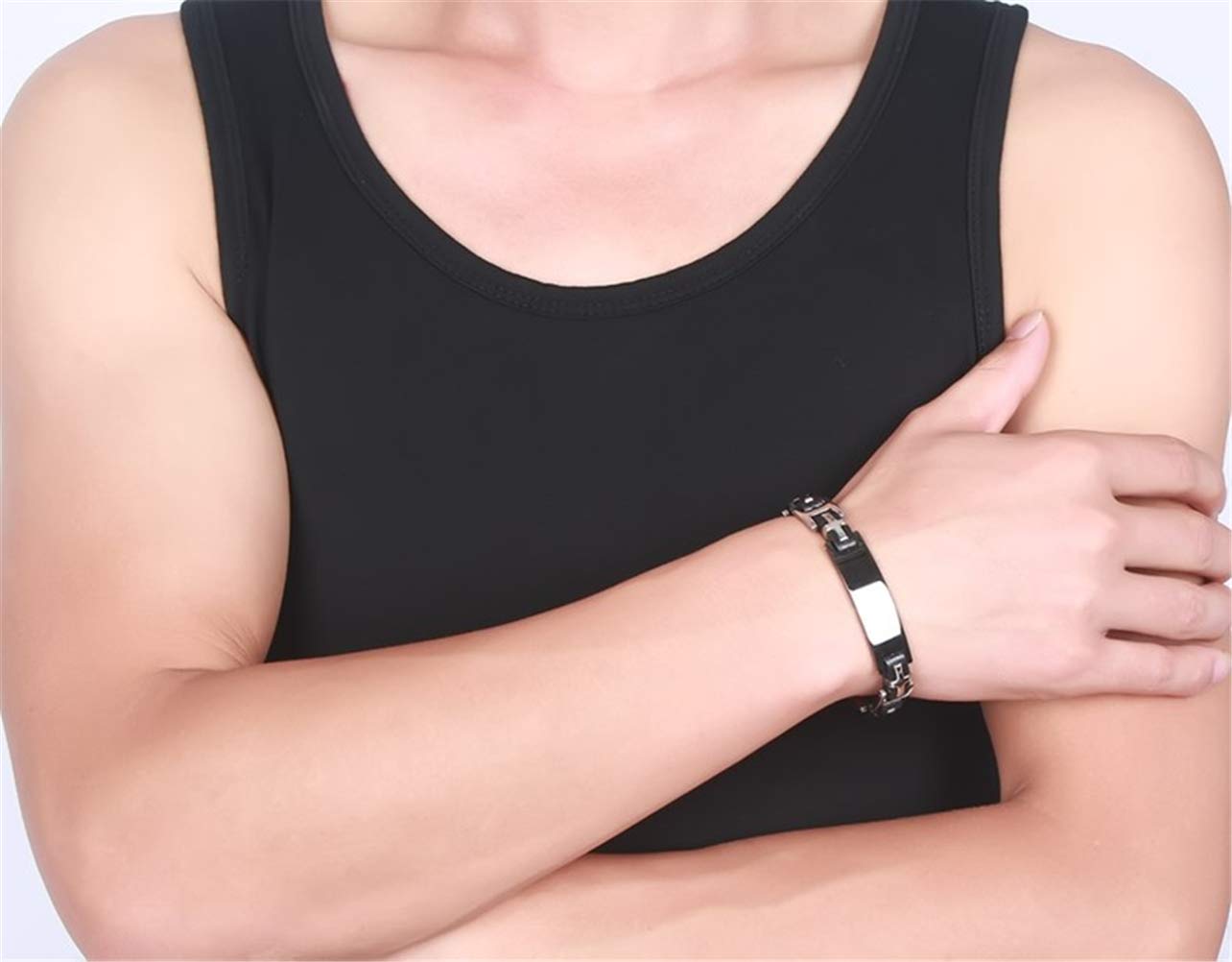 Stylish Black & Silver Stainless Steel ID Bracelet for Men - Durable Bangle Arm Cuff Jewelry - Perfect for Casual Wear, Gifts & Special Occasions