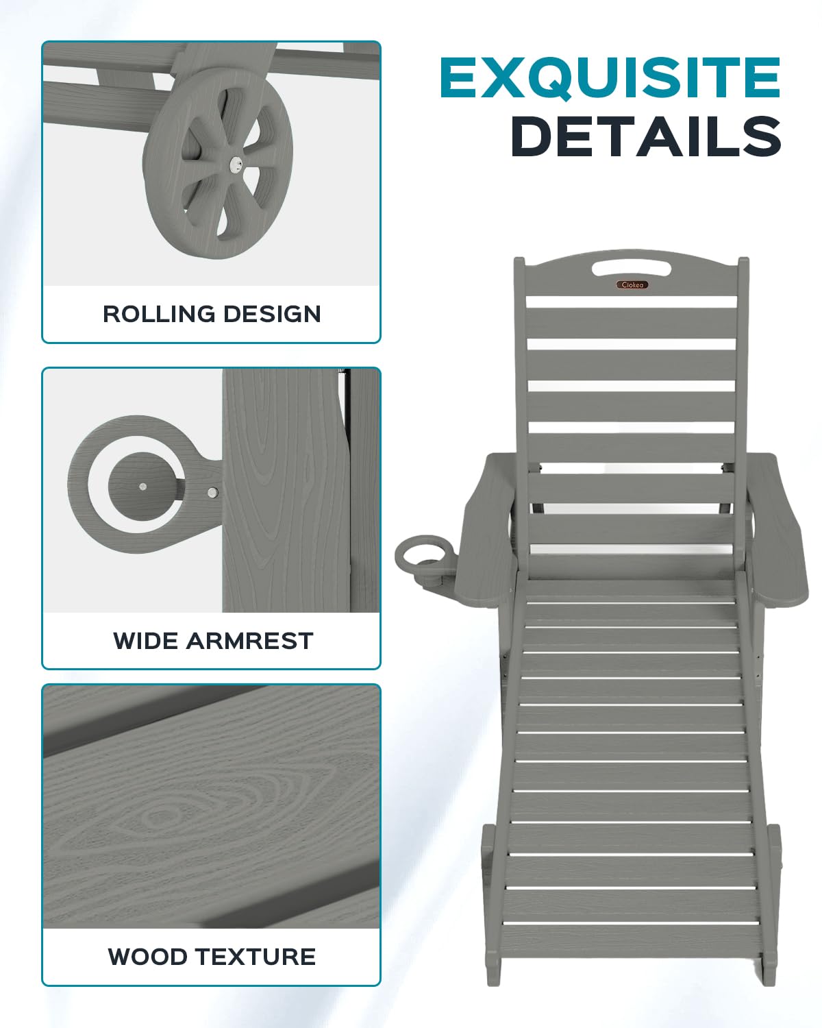 Outdoor Lounge Chair with 5 Adjustable Positions, Oversized Patio Chaise Lounge with Wheels & Cup Holder - Durable HDPE Material for Poolside, Deck, Backyard Relaxation - Grey