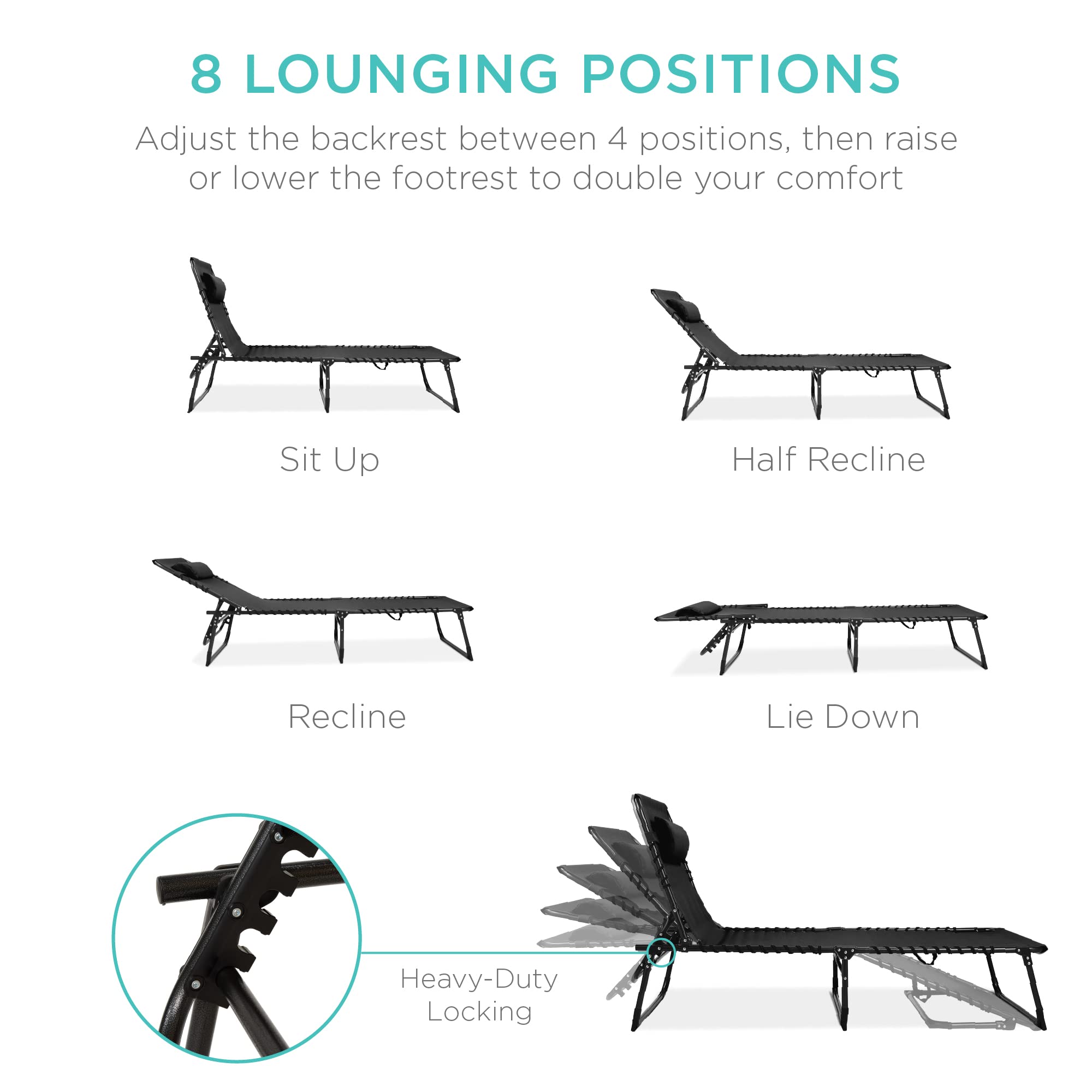 Best Choice Products Patio Chaise Lounge Chair - Portable Outdoor Folding Recliner for Lawn, Garden, Pool & Beach - 8 Adjustable Positions, Sturdy Handles, 300lb Weight Capacity - Black - Perfect for Relaxing, Sunbathing & Outdoor Lounging