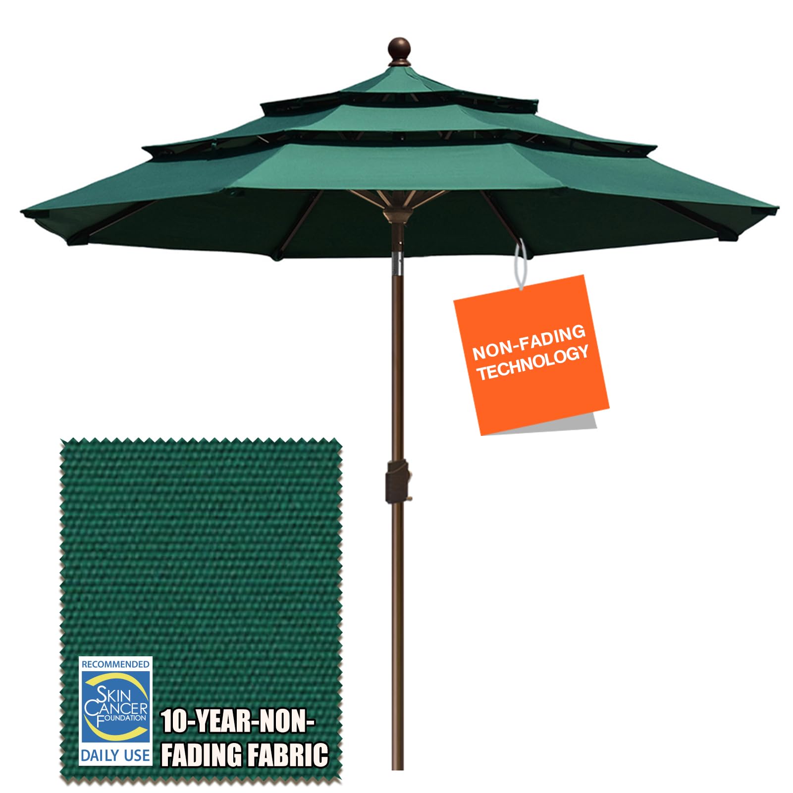 EliteShade USA 10-Year Fade-Resistant 9Ft 3-Tier Patio Umbrella with Ventilation - Outdoor Market Umbrella for Table, Garden, Deck, and Poolside - Durable Forest Green Sun Shade for Restaurants, Cafes, and Backyards