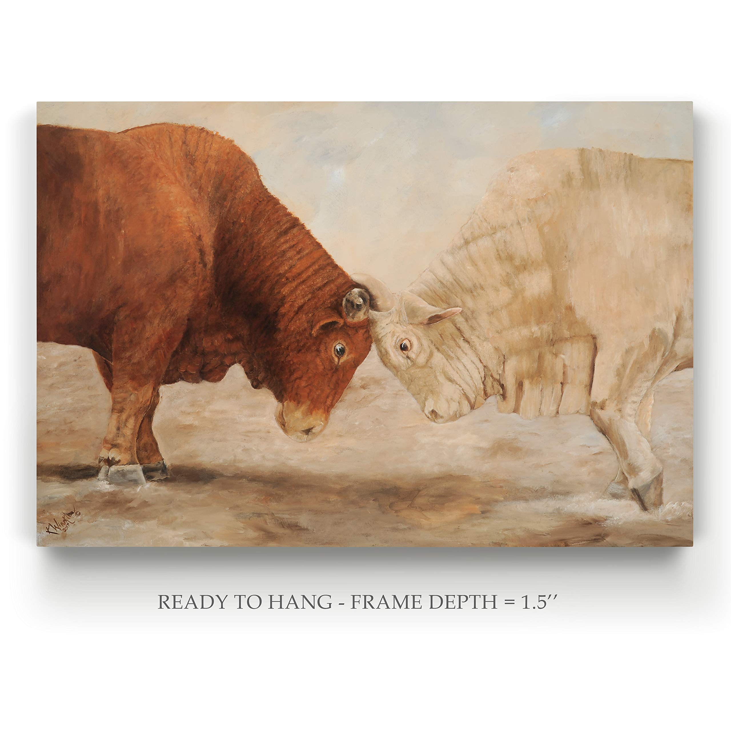 Premium Gallery Wrapped Canvas Wall Art - Two Bulls Fighting in Vibrant Orange, White & Brown - Western Style Home Decor (32x48 Inches) - Ready to Hang Made in USA | Perfect for Living Room, Office or Western-Themed Spaces