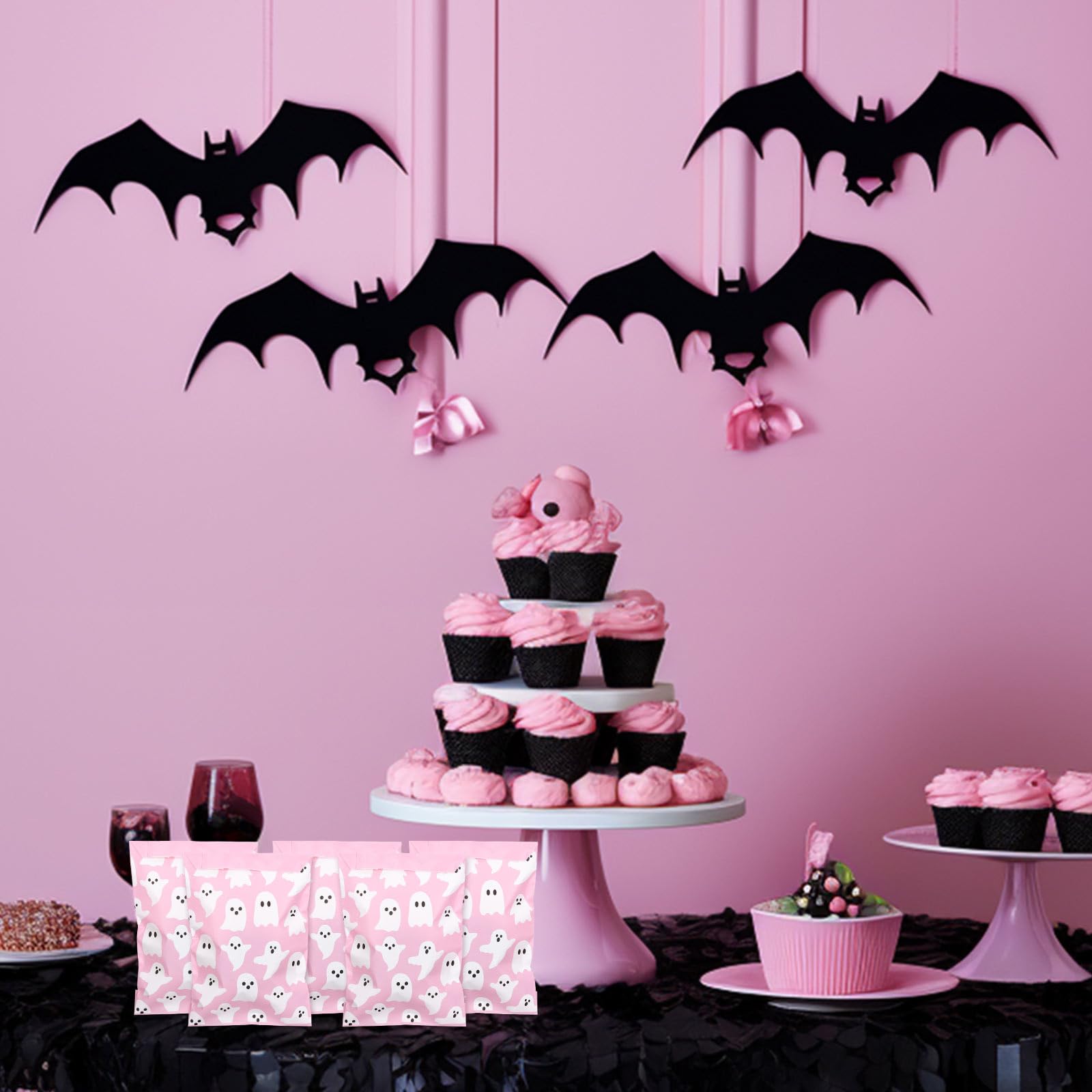 100Pcs Halloween Treat Bags 5x7.3 Inch - Cute Pink & White Ghost Pattern Candy Goodie Bags for Party Favors, Snacks, Cookies & Chocolates - Perfect for Halloween Parties, Trick or Treat & Buffet Events