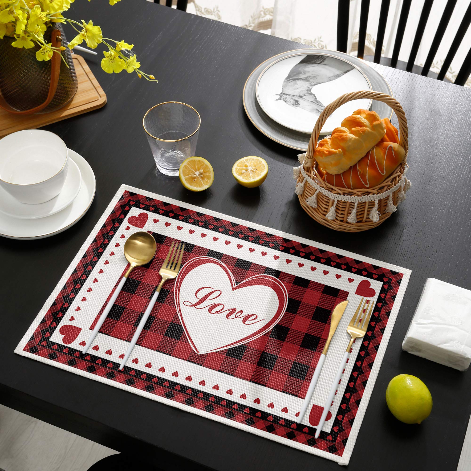 Romantic Valentine's Day Placemats Set of 4 - Heart Red Buffalo Check Plaid Heat Resistant Table Mats for Dining, Washable Cotton Burlap | Perfect for Valentine's Dinner, Anniversary Celebration & Romantic Date Night Decor