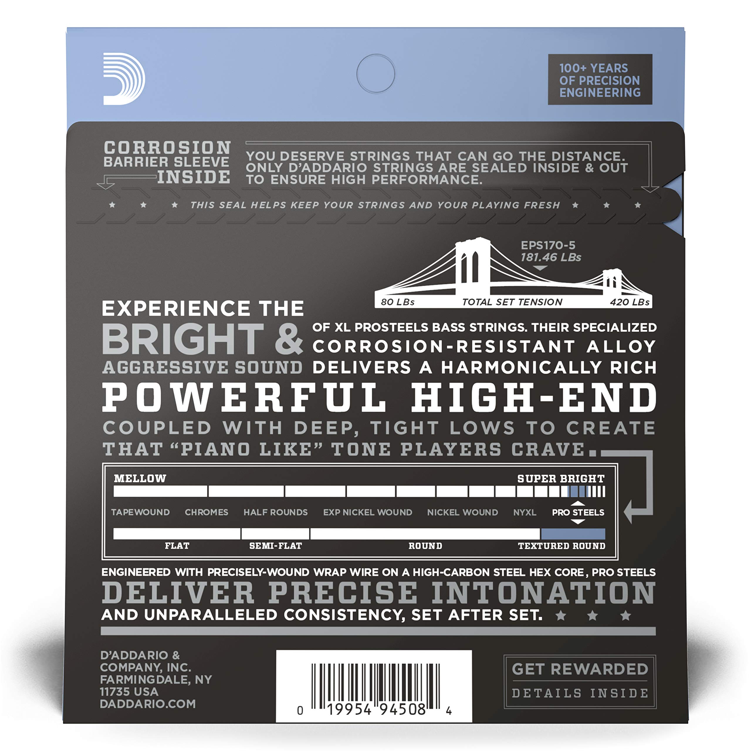D'Addario XL Pro Steels Bass Guitar Strings 5-String Set (EPS170-5) - Long Scale, Regular Light Gauge 45-130 - Perfect for Rock, Metal & Studio Recording - Pack of 1