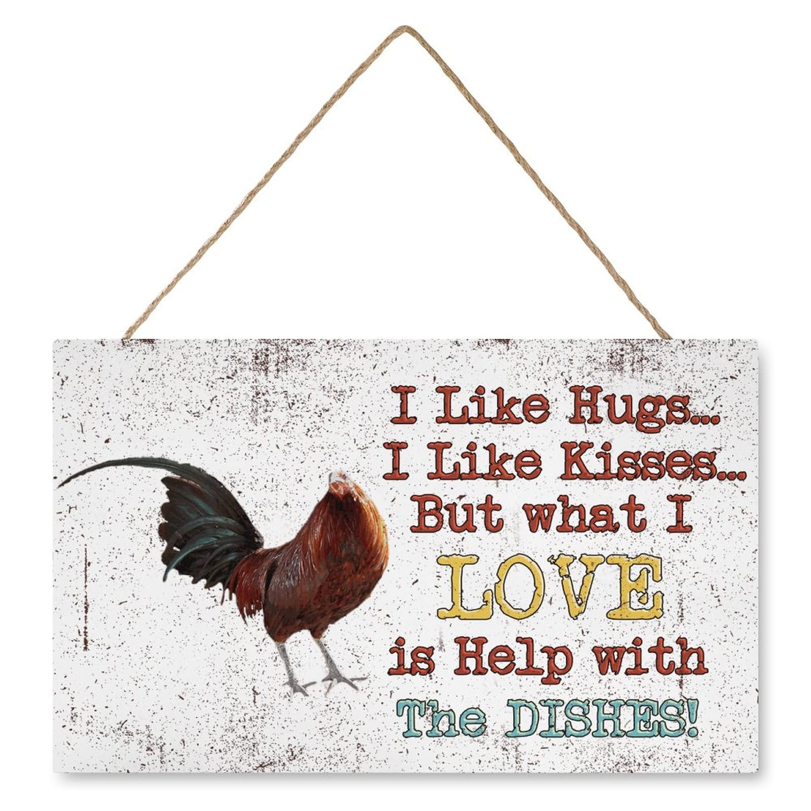 Rustic Rooster Wooden Wall Art - Funny Chicken Coop Decor Sign 'I Like Hugs & Kisses But Love Help with Dishes' - 10x16 Inch Farmhouse Kitchen Decor for Country Homes, Perfect for Farmyard, Kitchen & Dining Room Wall Decoration