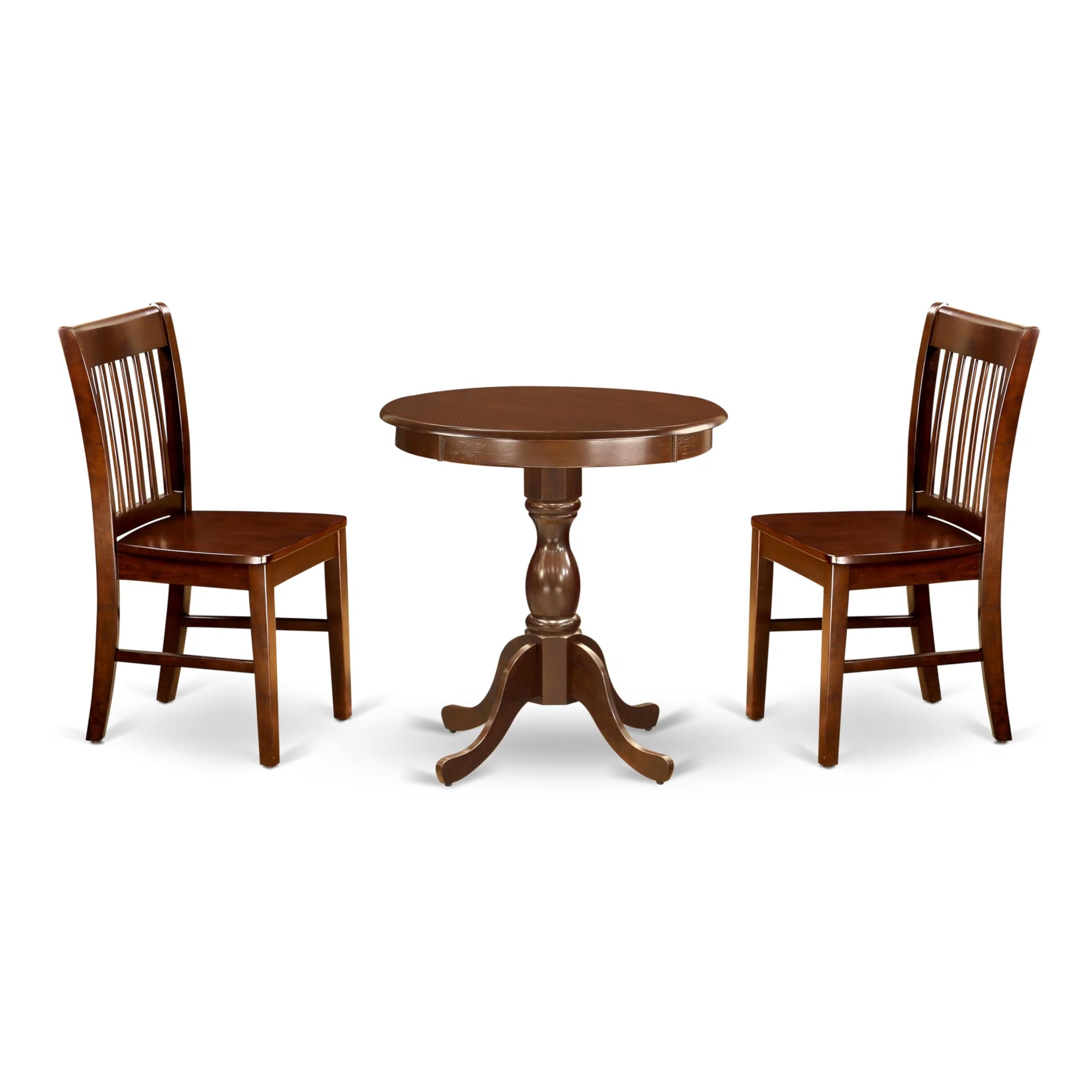 East West Furniture ESNF3-MAH-W 3-Piece Round Kitchen Table Set with Pedestal Base & 2 Dining Chairs - 30x30 Inch Mahogany - Space Saving Dining Set for Small Apartments, Breakfast Nooks & Cozy Kitchens
