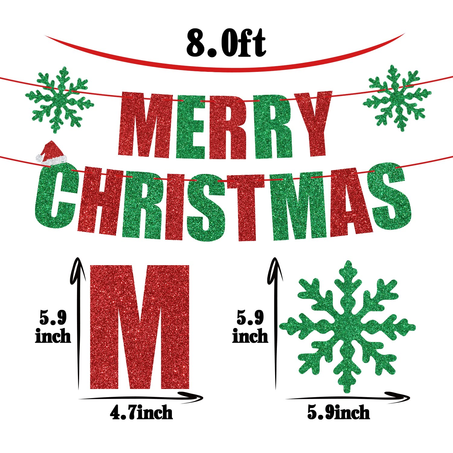 Red & Green Glitter Merry Christmas Banner - Feliz Navidad Party Decor for Indoor Holiday Celebrations | Perfect for Christmas Tree Decorations, Home Parties & Festive Wall Hangings