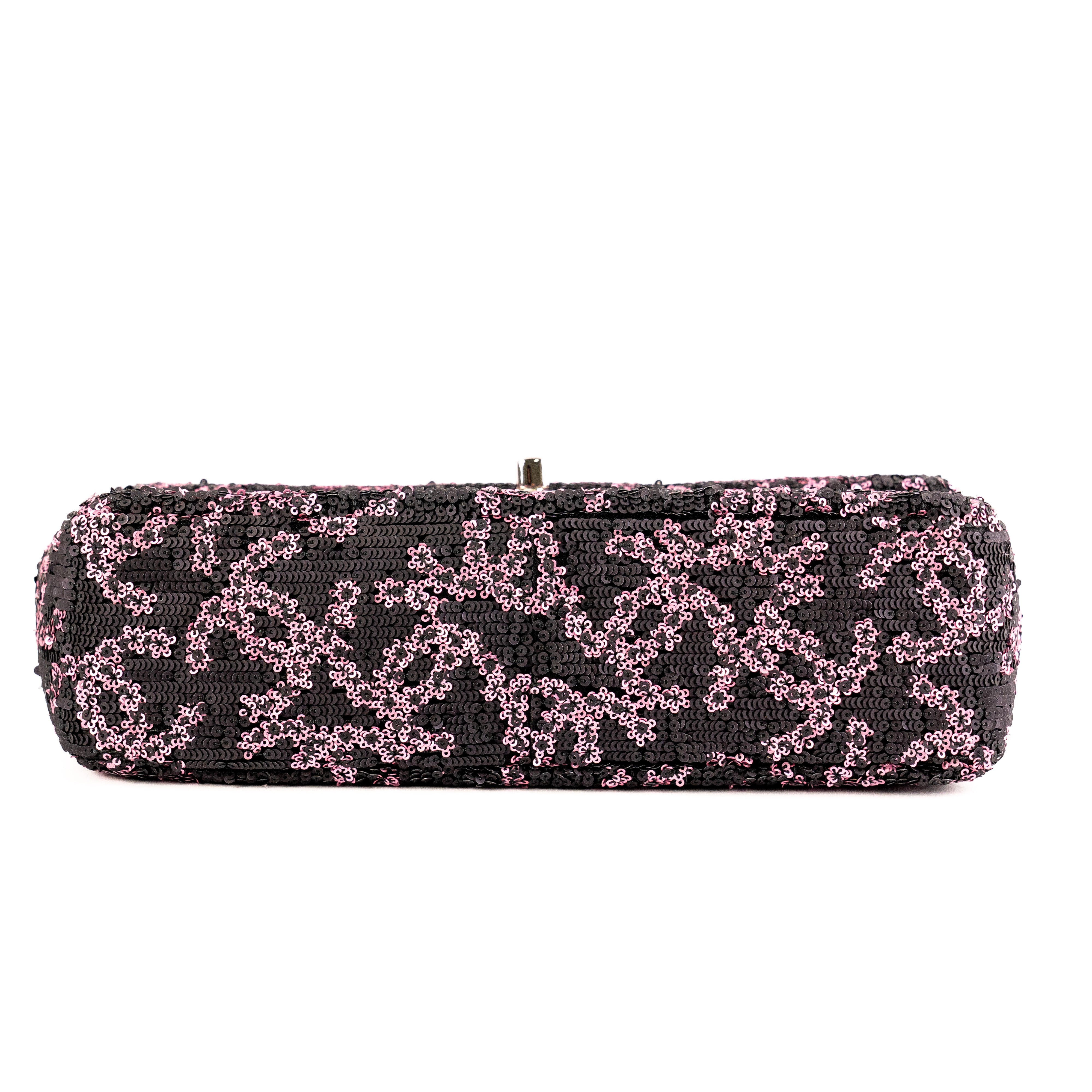 Chanel Medium/Large Classic Flap Bag with Sequin in Pink & Black | Luxury Designer Handbag for Women | Perfect for Evening Parties & Special Occasions