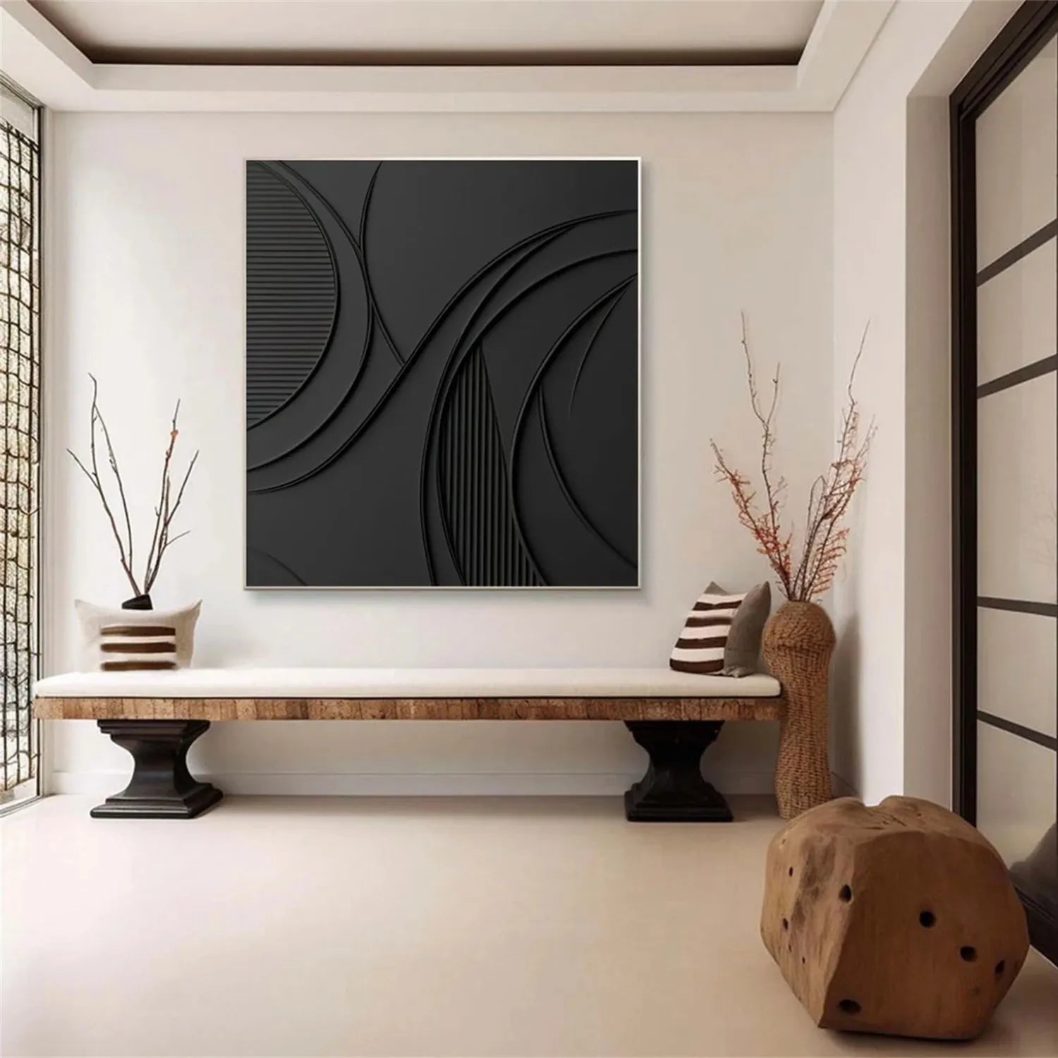 Black Minimalist Textured Painting Canvas #MZ128 - Modern Abstract Wall Art for Living Room, Bedroom & Office Decor