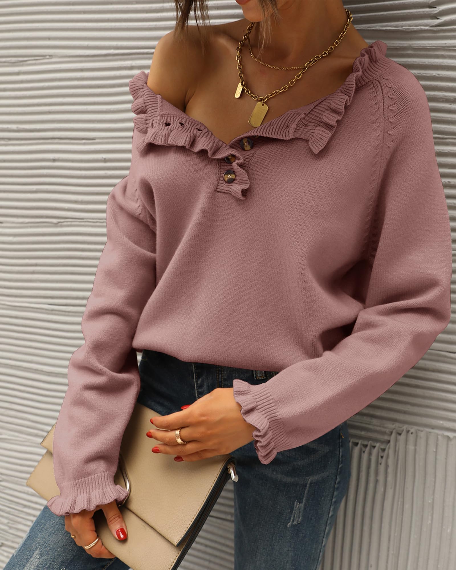 BTFBM Women's Knit Sweaters 2025 - Long Sleeve Button Down Ruffle Crew Neck Pullover Tops for Fall & Winter | Casual Office Wear, Date Night Outfits, Holiday Party Fashion