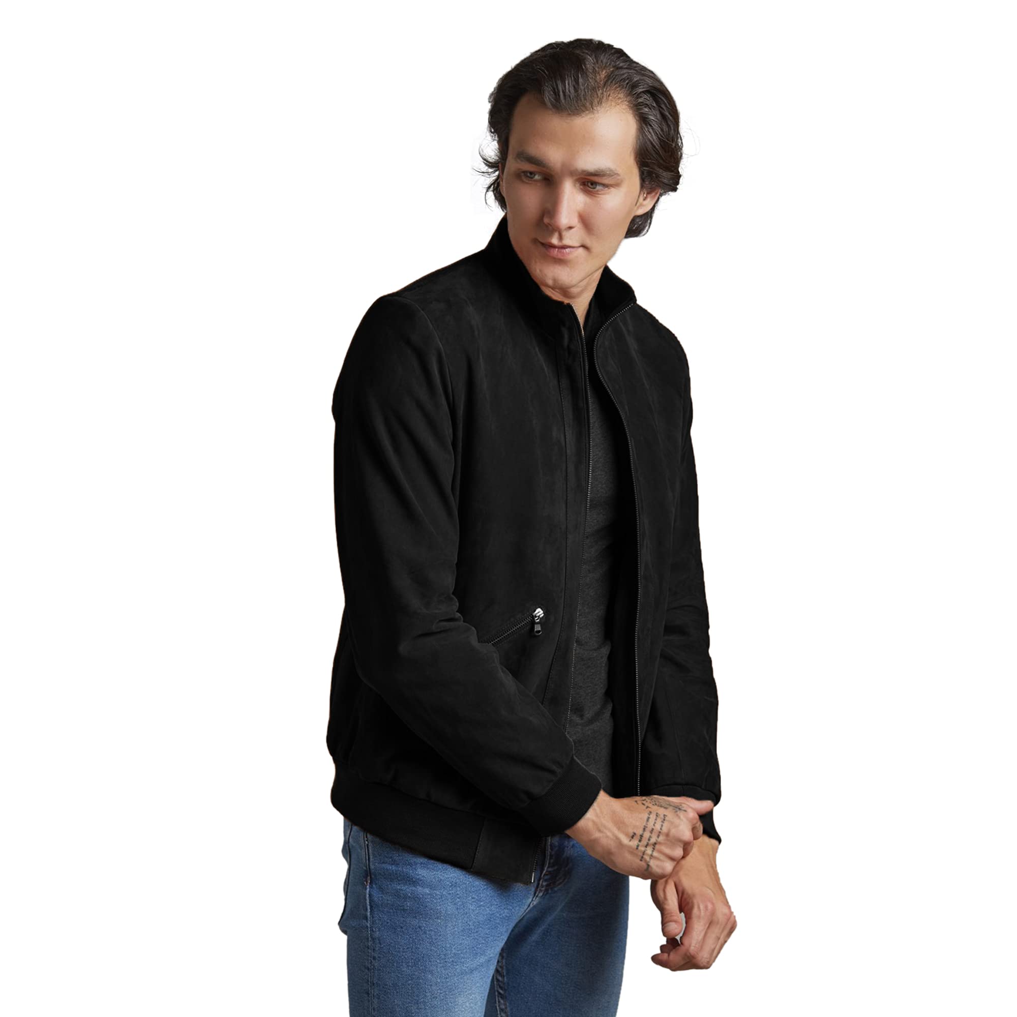 Vintage Men's Black & Tan Brown Suede Leather Bomber Jacket - Classic Retro Aviator Style for Casual Wear, Date Night & Fall Fashion