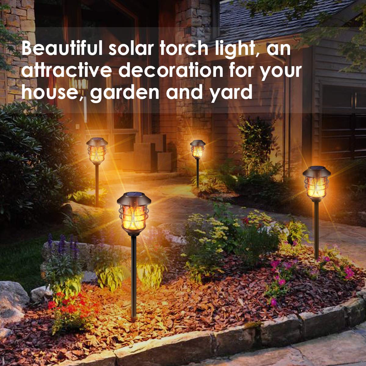 TomCare Solar Metal Flickering Flame Torches - Waterproof Outdoor Solar Pathway Lights with Auto On/Off, Dusk to Dawn Operation - Heavy Duty Landscape Lighting for Garden, Patio, Walkway (4 Pack) - Perfect for Backyard, Driveway, Poolside Decor