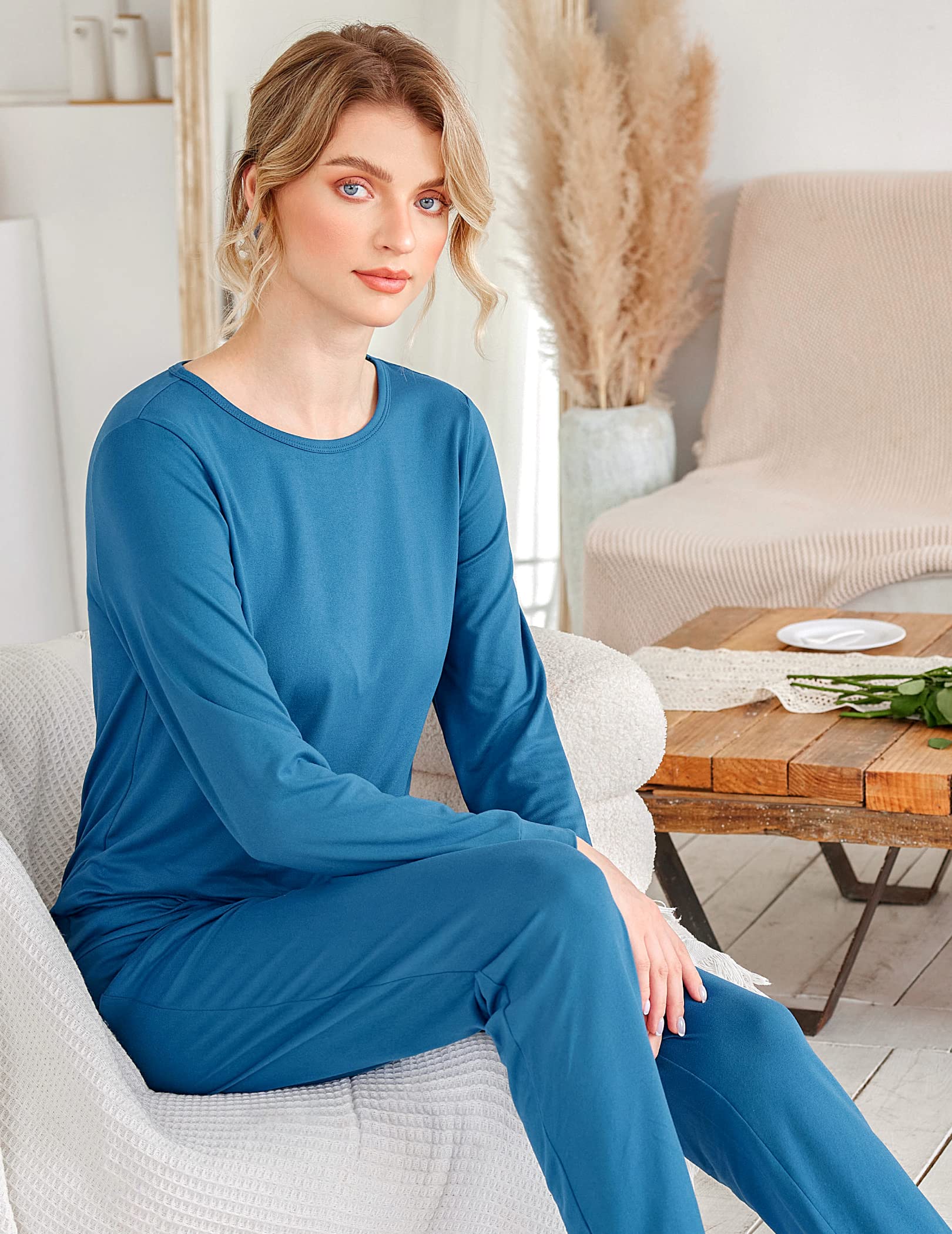 Ekouaer Women's Long Sleeve Jogger Pajama Set - Soft Sleepwear with Pockets, Round Neck Lounge Pjs for Nightwear, Comfortable Home Outfit & Cozy Loungewear for Relaxing