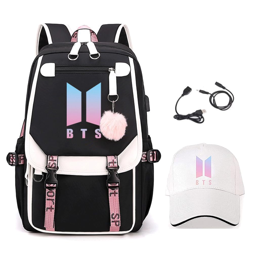 BTS Backpack Black - Kpop Laptop Backpack for Students & Travel 11.8x8.26x17.3in