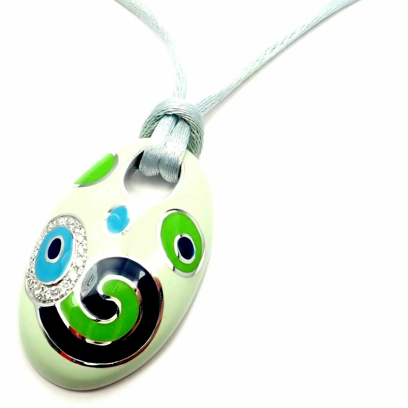 Roberto Coin 18k White Gold Diamond Green Enamel Silk Cord Pendant Necklace for Women - Elegant Jewelry Gift for Birthday, Anniversary & Special Occasions