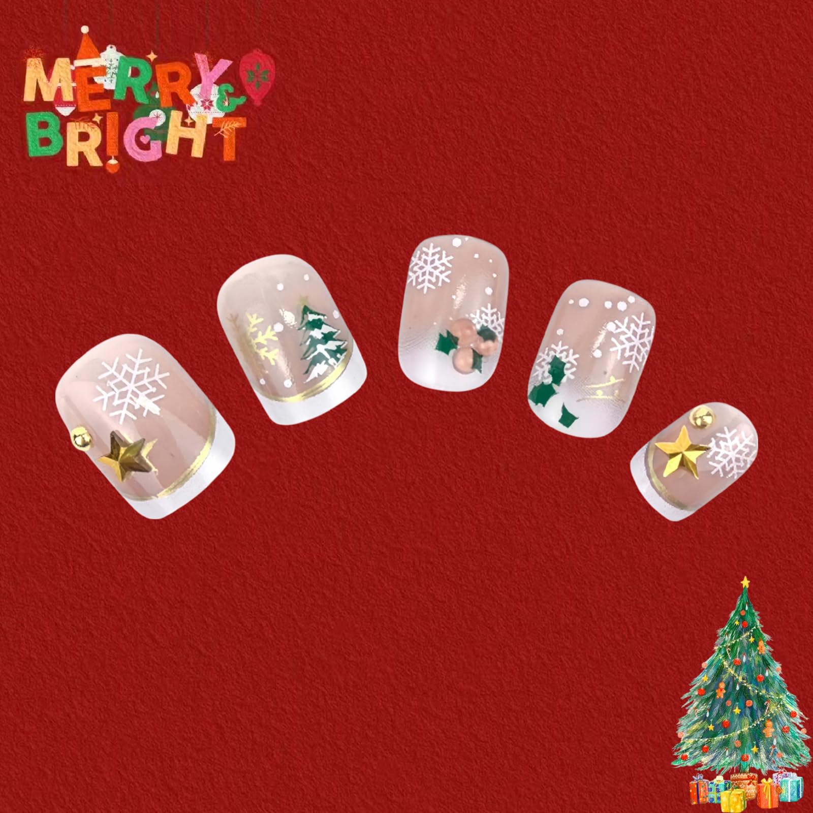 Christmas Snowflake Sequins Press on Nails - 24Pcs Square Fake Nails with Christmas Tree Design, Star Pearl Rhinestones for Women & Girls - Full Cover Glossy Stick on Nails for Holiday Parties, Winter Nail Decoration & Gift Giving