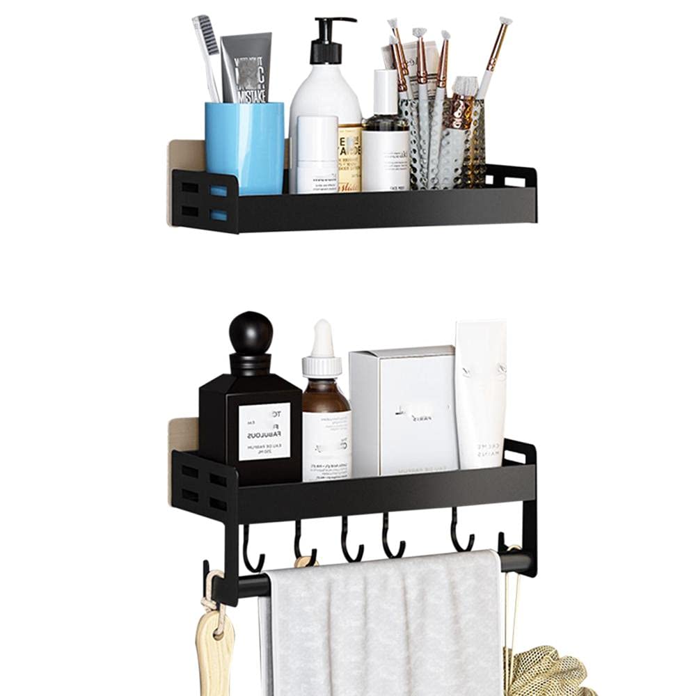 Black No-Drill Shower Shelf Organizer - Adhesive Wall Mounted Shampoo Holder with Hooks, 2-Tier Aluminum Bathroom Storage for Shower, Kitchen & Toilet (30cm) - Perfect for Small Spaces & Clutter-Free Organization