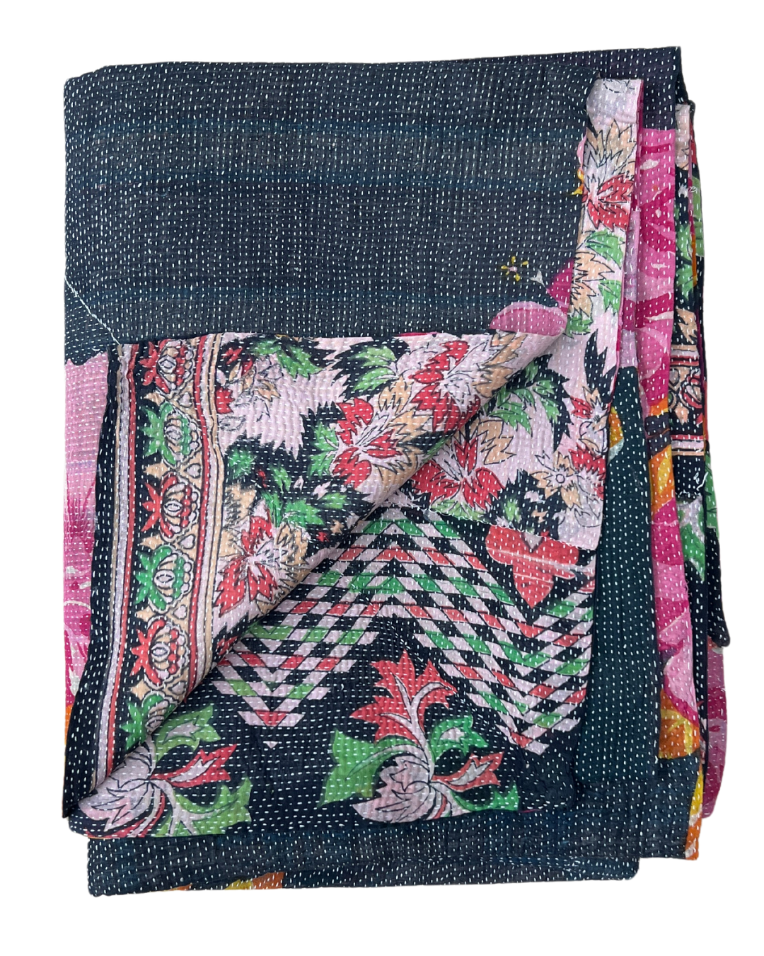 Premium Midweight Kantha Quilt No. 718 - Handmade Cotton Throw Blanket for Bed, Sofa & Cozy Home Decor