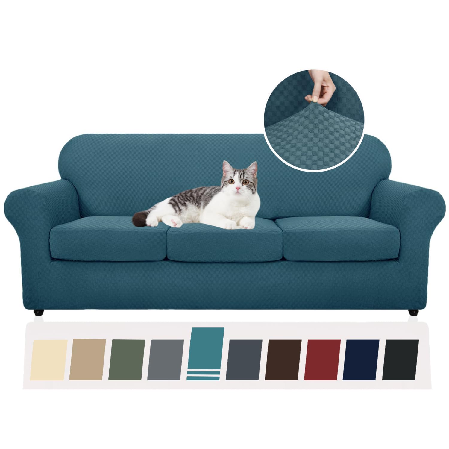 YEMYHOM 4-Piece Checkered Stretch Sofa Cover for 3-Cushion Couch - Thickened Pet-Friendly Elastic Slipcover, Teal (71