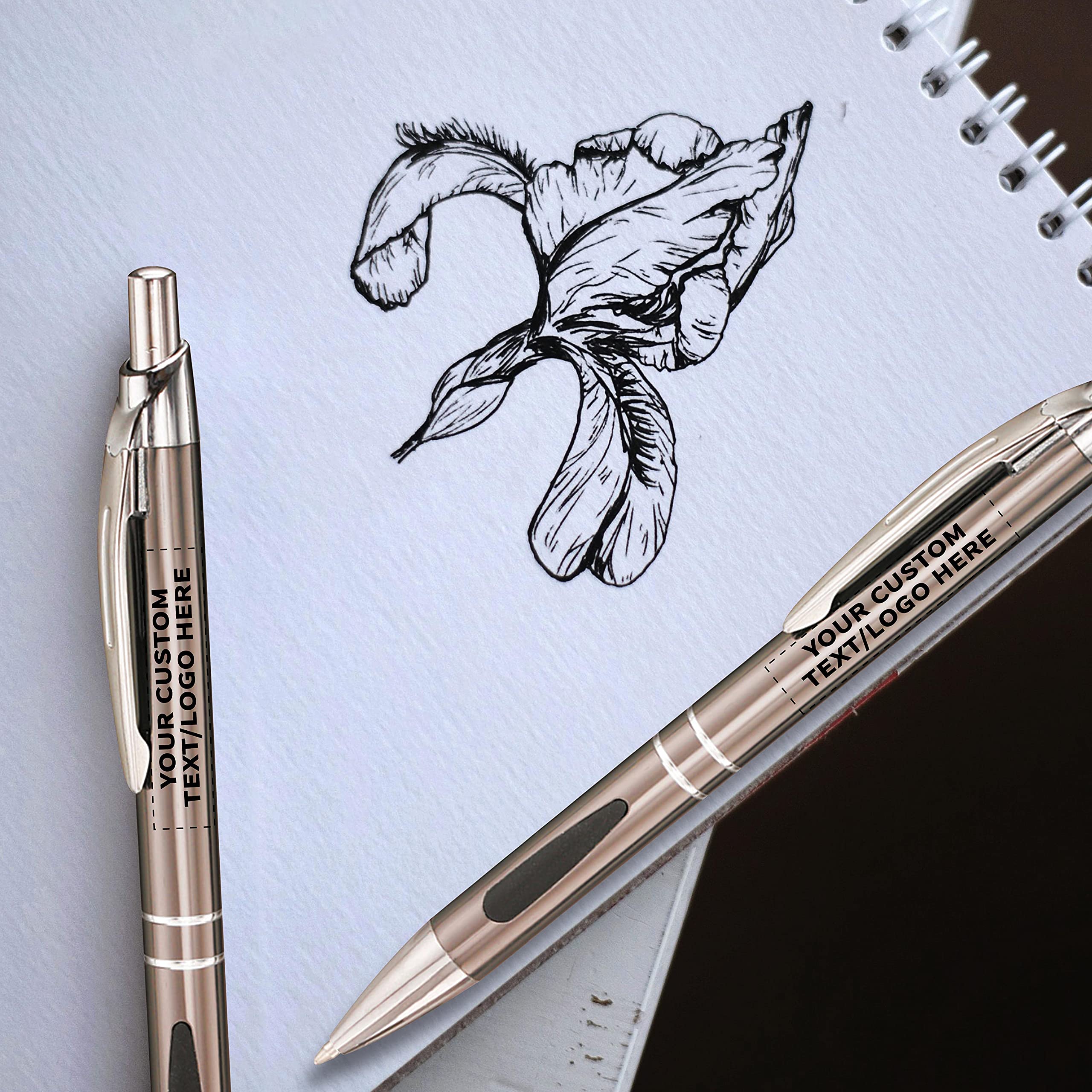 100 Pack Black Ink Metal Pens with Custom Text & Logo - Retractable Ballpoint Pens with Silver Accents - Premium Office & School Supplies for Business Gifts, Promotions & Everyday Writing