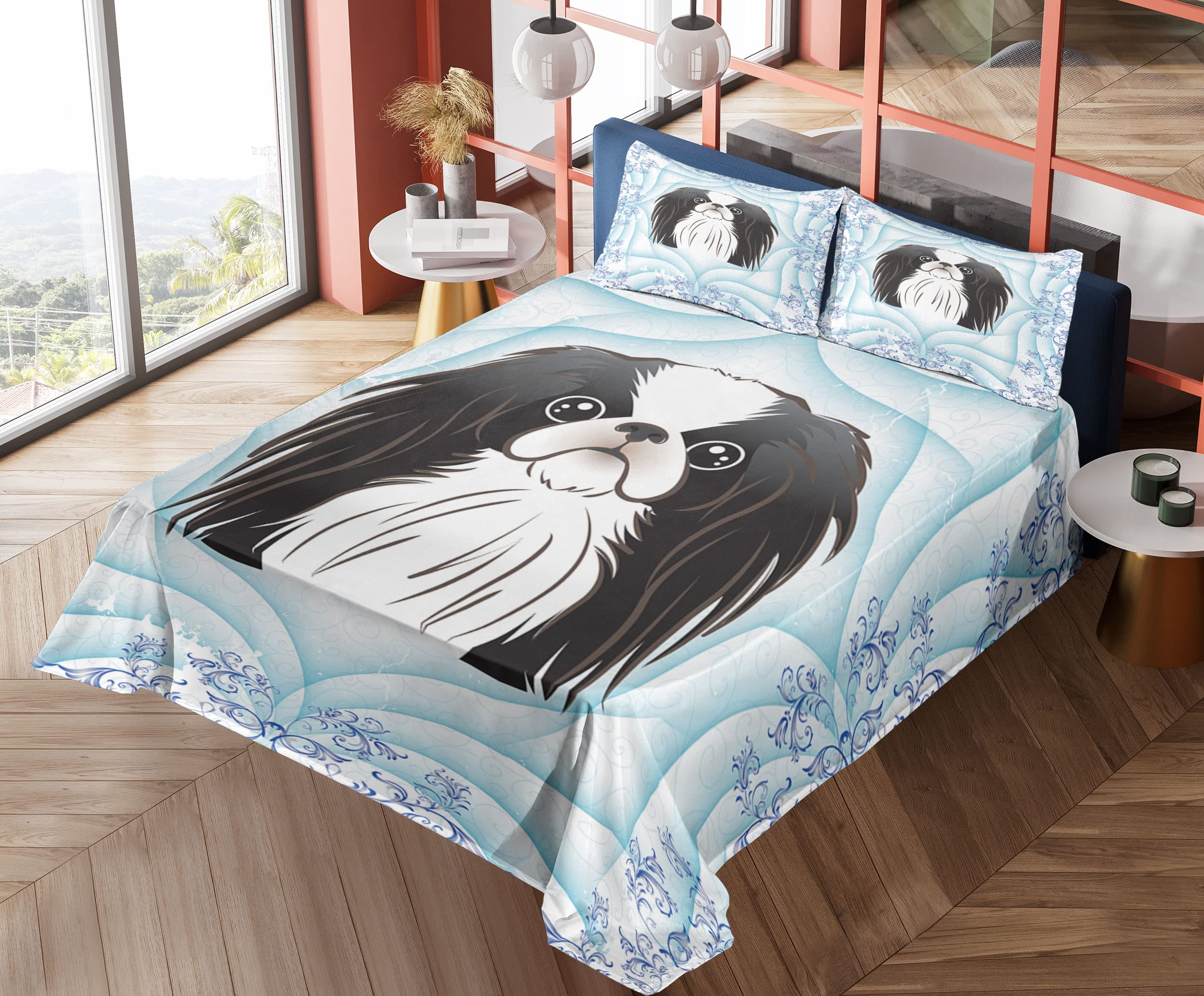 Ambesonne 4-Piece Dog Sheet Set - Funny Cartoon Puppy Floral Design Fitted & Flat Sheets with Pillowcases, King Size Pale Blue Lavender Bedding | Perfect for Pet Lovers' Bedrooms, Guest Rooms & Kids' Rooms
