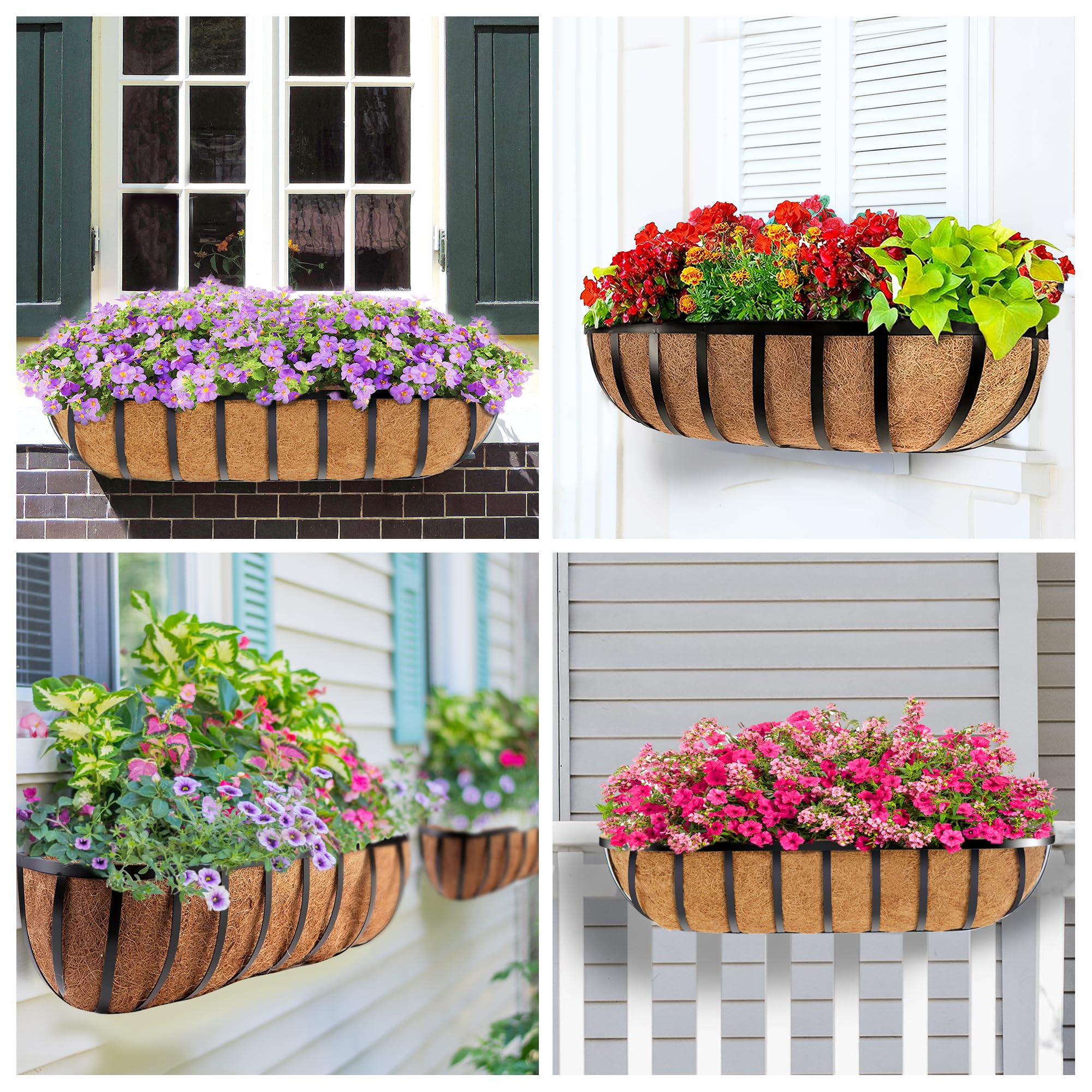 30 Inch Window Box Planter with Coconut Coir Liner - 4 Pack Metal Hanging Flower Basket for Deck, Fence & Railing - Outdoor Garden & Lawn Decor (Perfect for Flowers, Herbs & Small Plants)