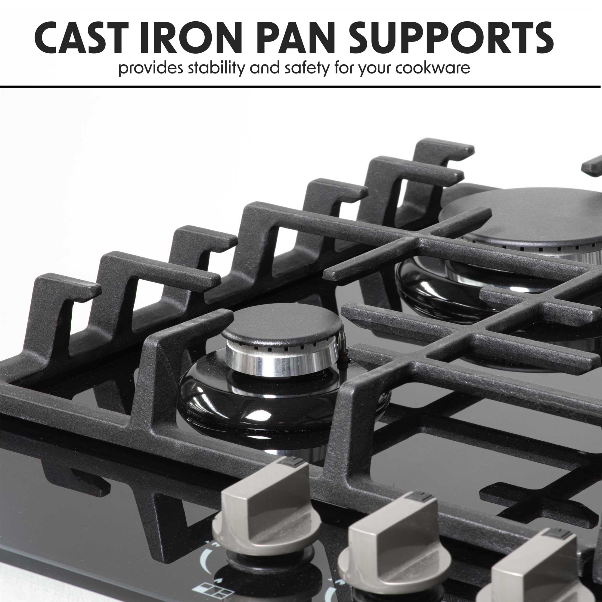 Baridi 70cm Built-In Gas on Glass Hob - 5 Burner Stove with Cast Iron Pan Supports, Black Glass (DH228) - Perfect for Modern Kitchens & Professional Cooking