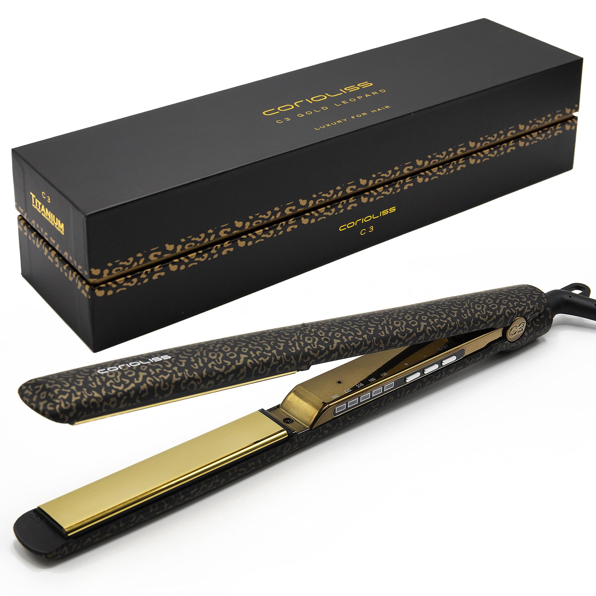 Professional Corioliss C3 Titanium Flat Iron Hair Straightener - Adjustable Temperature Control for All Hair Types | Perfect for Home Use, Salon Styling & Travel (Leopard Gold Soft Touch)
