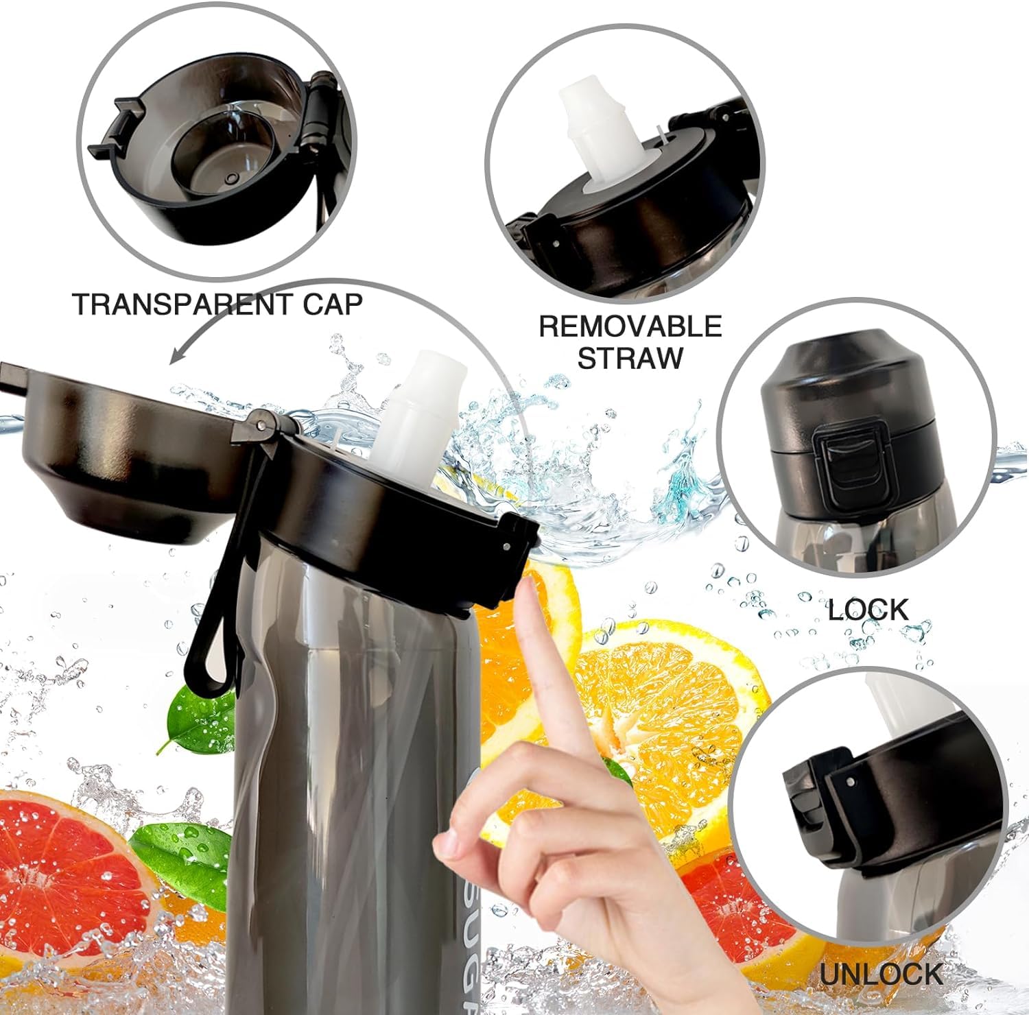 Sports Air Water Bottle - 650ML BPA Free Scented Water Cup with 7 Flavor Pods, 0% Sugar, Straw Included - Perfect for Gym, Running, Hiking & Outdoor Activities (Matte Black, 650ml)
