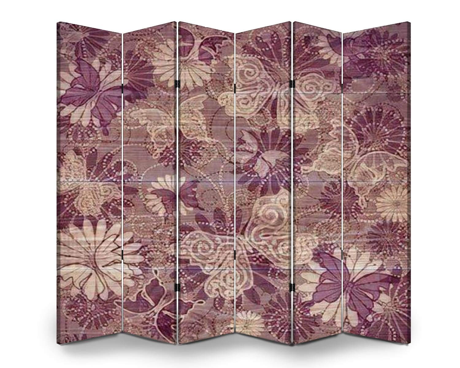 APED DECOR 6-Panel Wooden Room Divider with Seamless Violet Floral Pattern - Dual-Sided Folding Privacy Screen for Home Office, Bedroom Partition & Indoor Decor