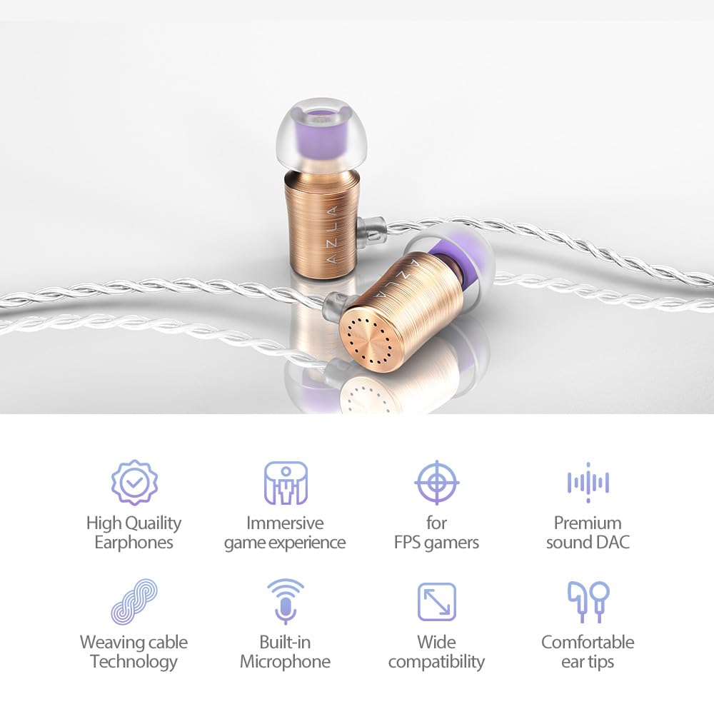 AZLA AZEL Edition G Gen 2 Wired in-Ear Earbuds with Microphone - 3.5mm Gaming Headphones with Durable Cable, Includes USB-C to 3.5mm Adapter & USB-A to USB-C Converter (Gold) - Perfect for PC Gaming, Mobile Gaming, and Online Meetings