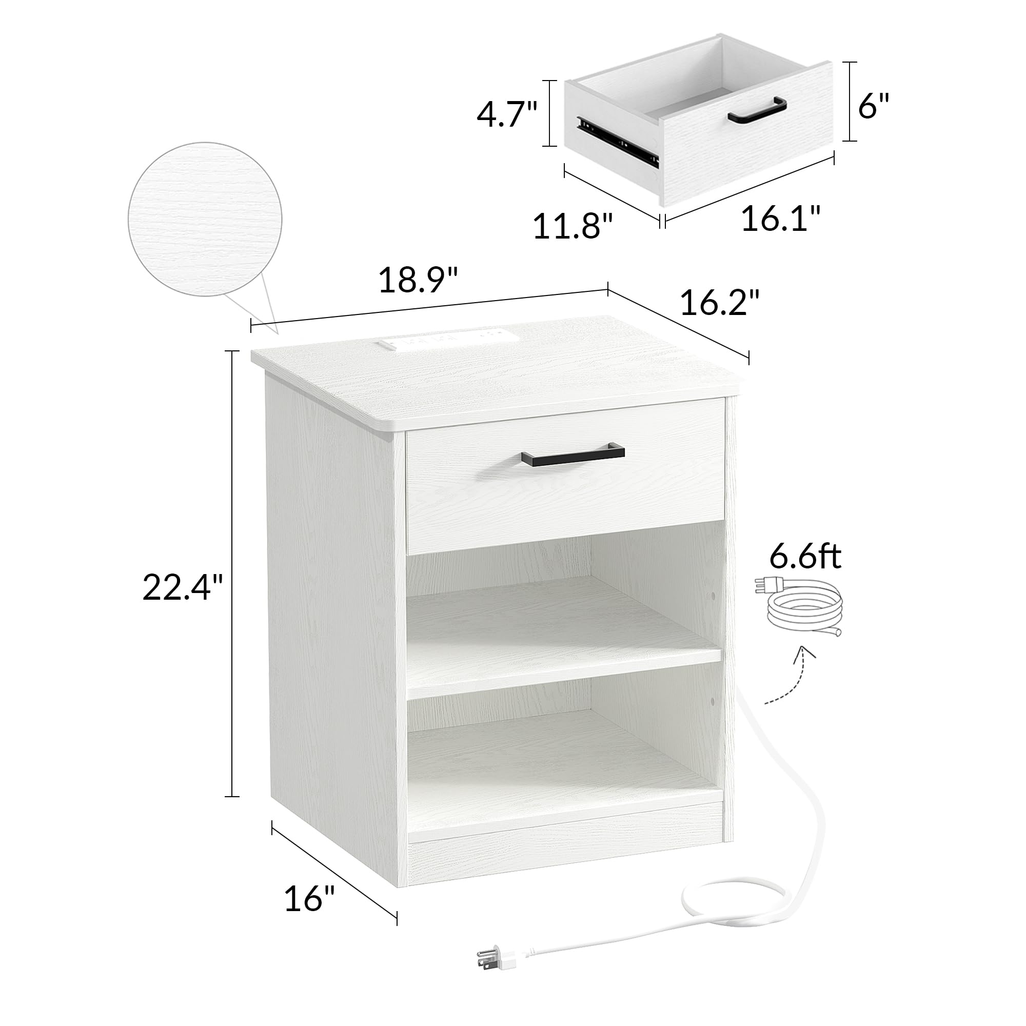 Fast Charging Wooden Side Table with USB C Port - White Nightstand with Drawer & Adjustable Shelf for Bedroom, Living Room, Office - Modern End Table for Phone Charging & Storage (Set of 1)