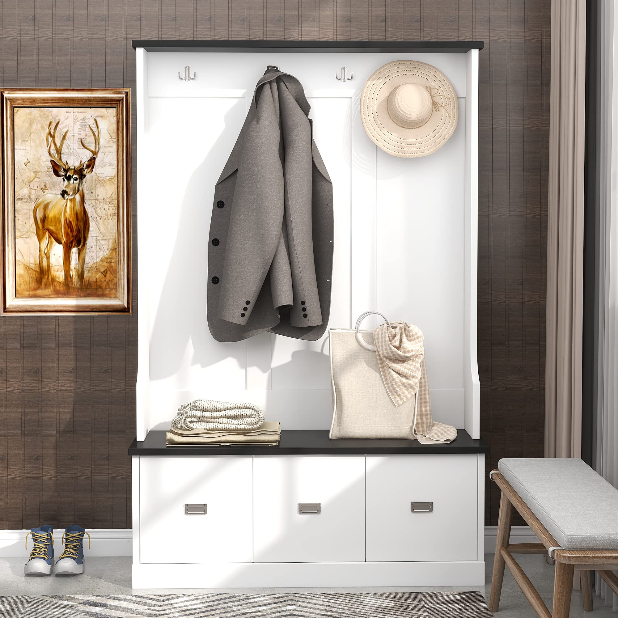 Entryway Hall Tree with Storage Bench - Coat Hanger with 4 Hooks & 3 Cabinets - Shoe Bench for Entrance Hall, Foyer or Mudroom - Perfect for Organizing Shoes, Coats and Accessories in Small Spaces