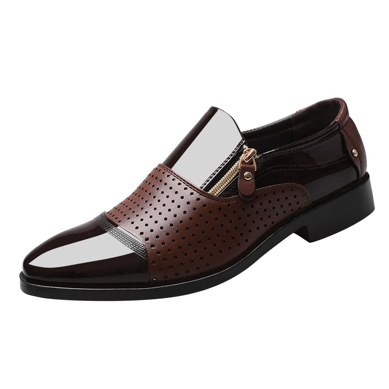 YUHAOTIN Men's Genuine Leather Dress Shoes Size 9.5 - Fashion Pointed Toe Low Heel Zipper Casual Shoes for Summer & Autumn | Breathable Hollow Design for Office, Wedding & Business Occasions