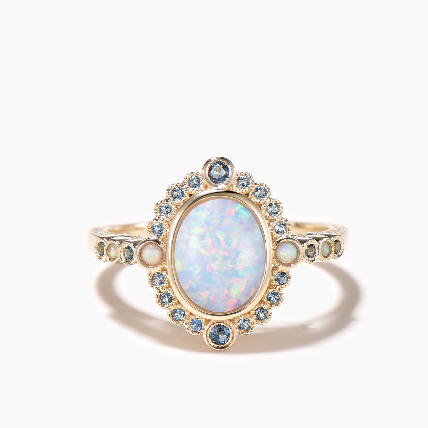 Oval Cut White Opal Engagement Ring with Blue Topaz Halo in 14K Yellow Gold - Perfect for Wedding, Proposal & Anniversary Gifts