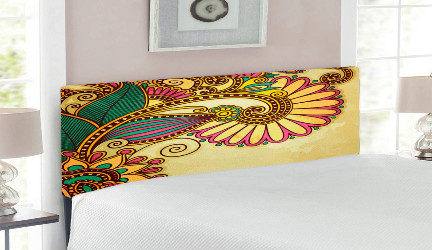 Ambesonne Queen Size Upholstered Metal Headboard with Memory Foam - Paisley Floral Mandala Oriental Pattern in Multicolor | Bedroom Decor for Modern & Bohemian Style Homes