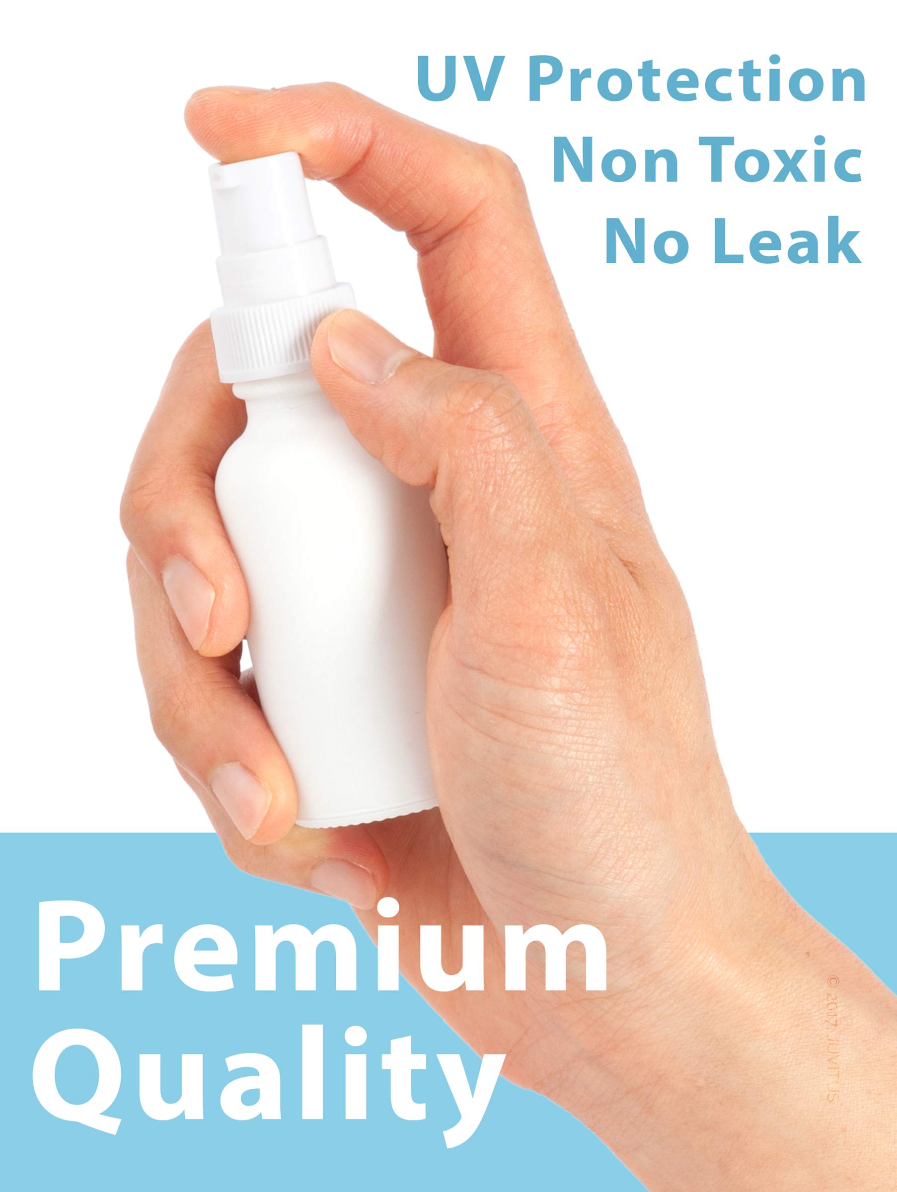 JUVITUS 1 oz Opal White Glass Boston Round Bottle with White Treatment Pump (24 Pack) + Funnel - Perfect for Essential Oils, DIY Skincare, and Cosmetic Packaging